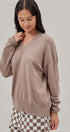 Oversized V Neck Ribbed Trim Knit Pullover in Mocha - Women's Sweaters | Urban Daizy