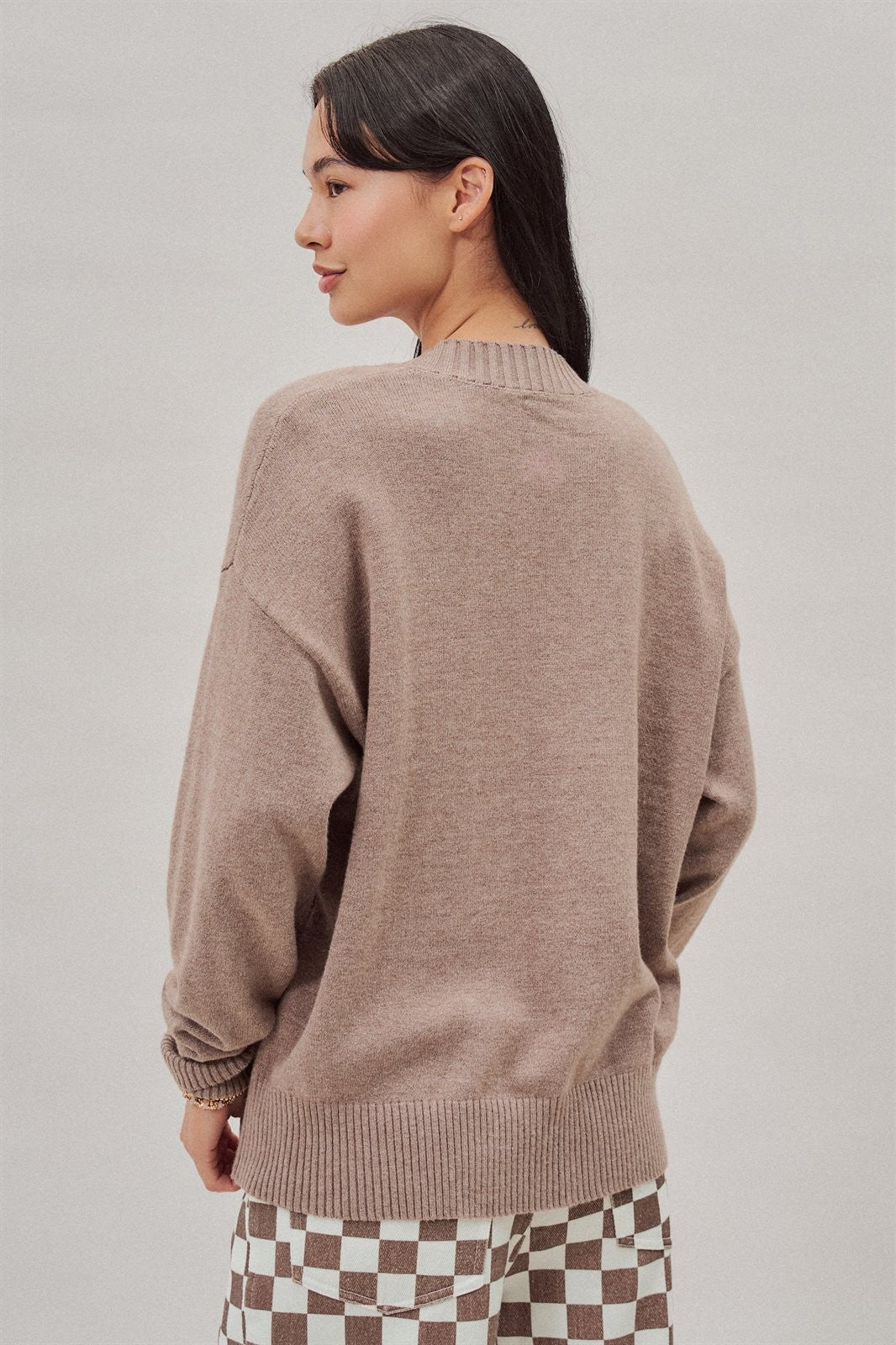 Oversized V Neck Ribbed Trim Knit Pullover in Mocha - Women's Sweaters | Urban Daizy