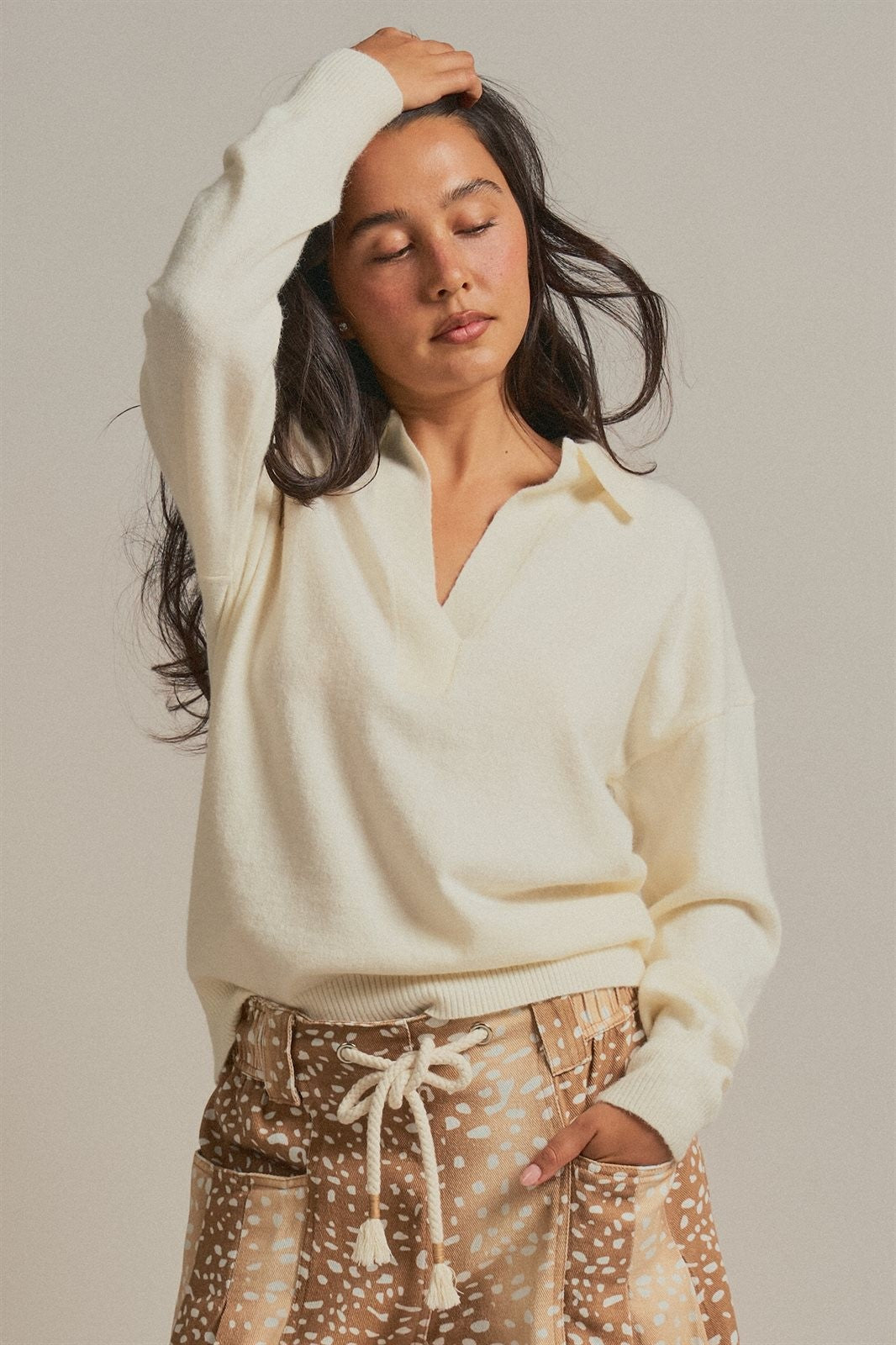 Brushed Knit Johnny Collar Polo Sweater in Ivory - Women's Sweaters | Urban Daizy