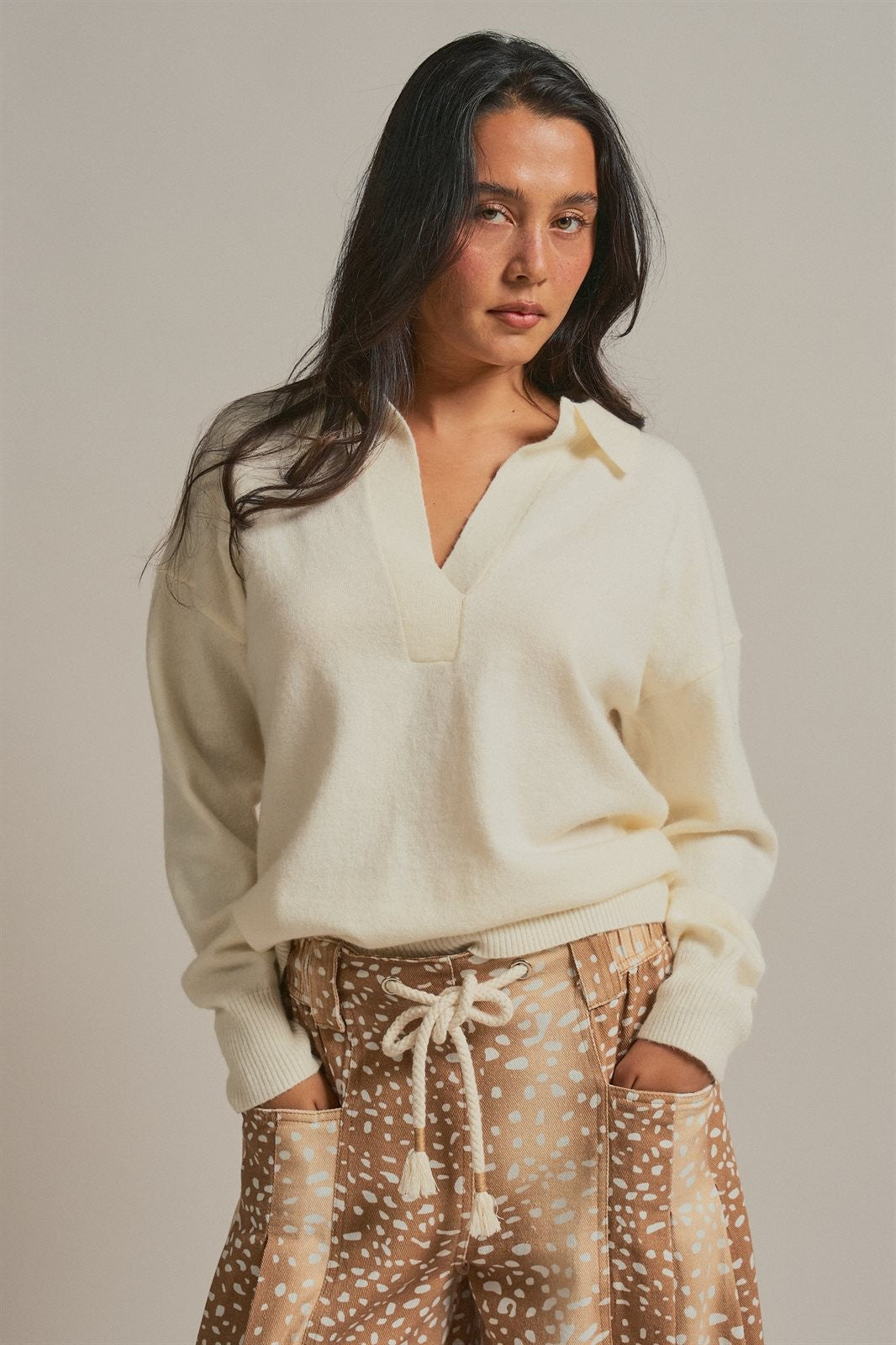 Brushed Knit Johnny Collar Polo Sweater in Ivory - Women's Sweaters | Urban Daizy