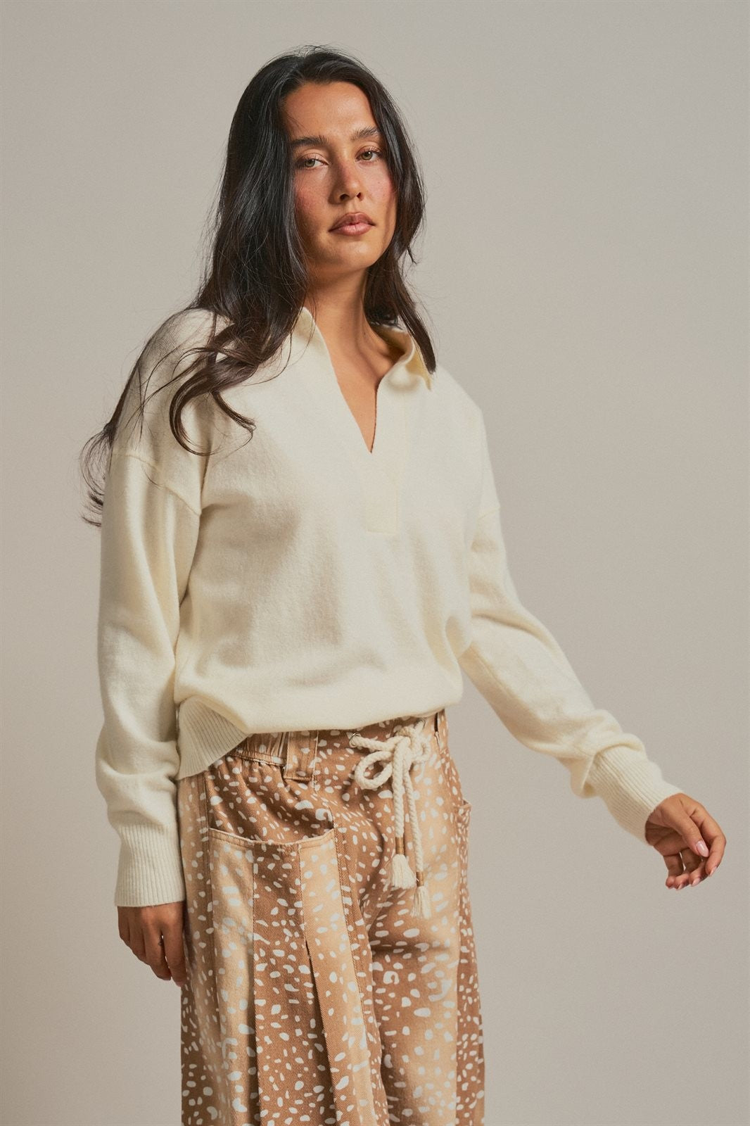 Brushed Knit Johnny Collar Polo Sweater in Ivory - Women's Sweaters | Urban Daizy