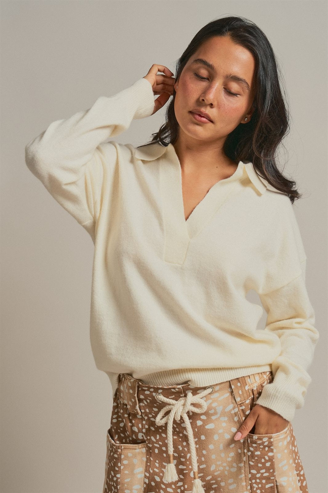 Brushed Knit Johnny Collar Polo Sweater in Ivory - Women's Sweaters | Urban Daizy