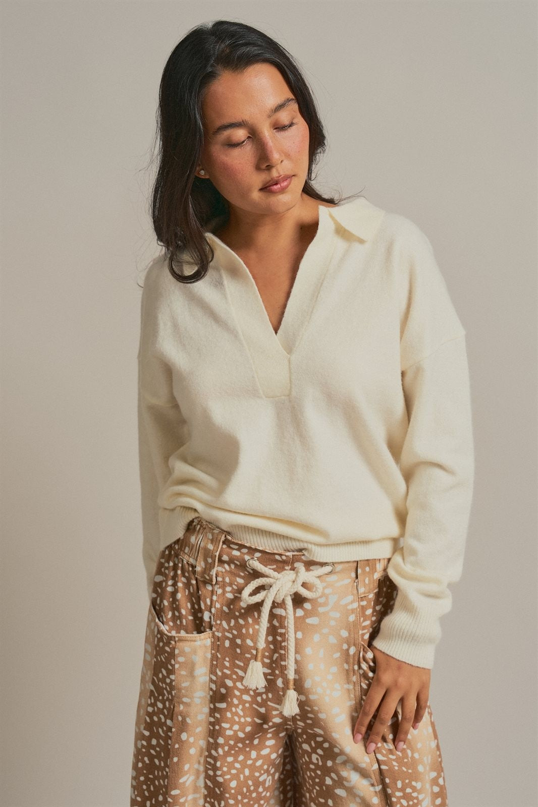 Brushed Knit Johnny Collar Polo Sweater in Ivory - Women's Sweaters | Urban Daizy
