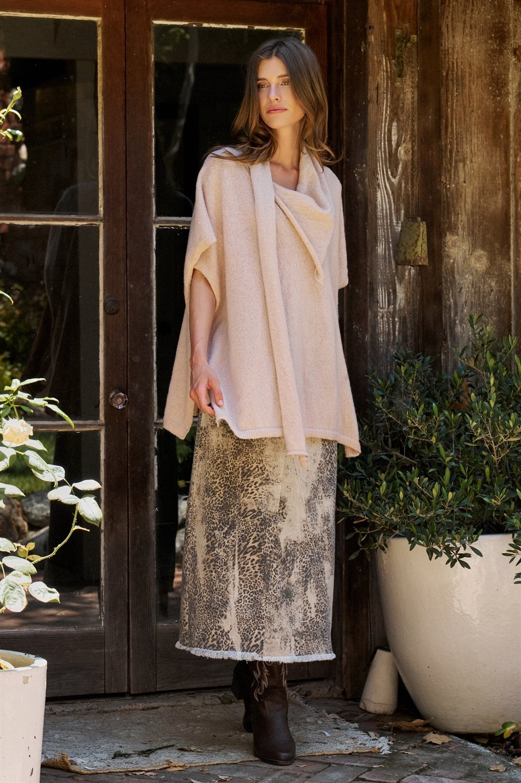 Oversized Knit Poncho Top with Attached Scarf in Ivory - Women's Sweaters | Urban Daizy