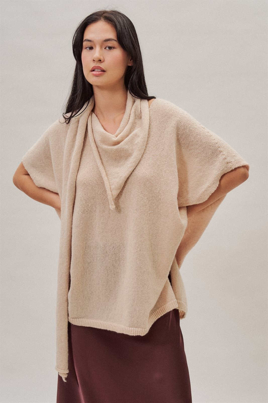 Oversized Knit Poncho Top with Attached Scarf in Ivory - Women's Sweaters | Urban Daizy