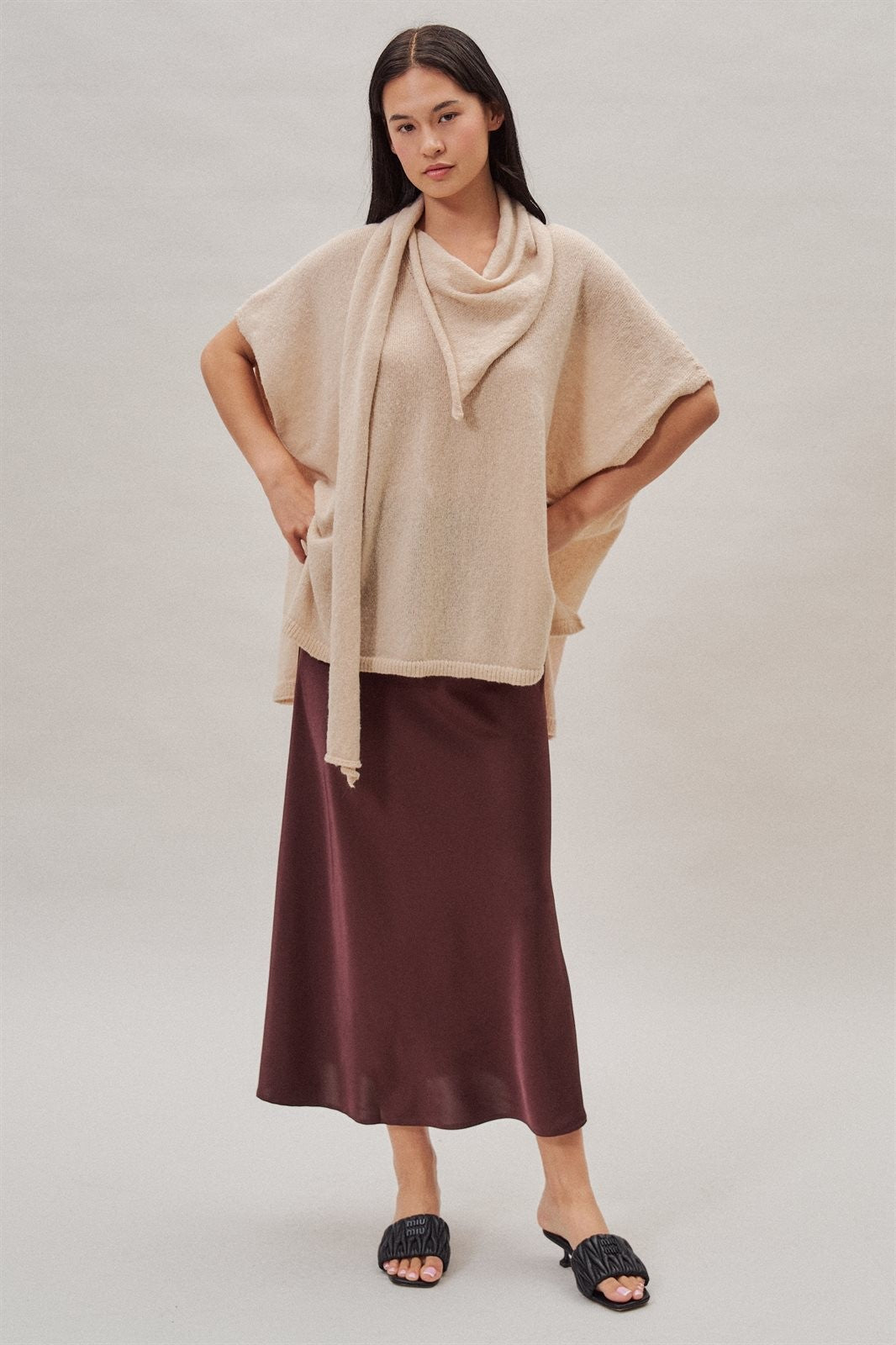 Oversized Knit Poncho Top with Attached Scarf in Ivory - Women's Sweaters | Urban Daizy
