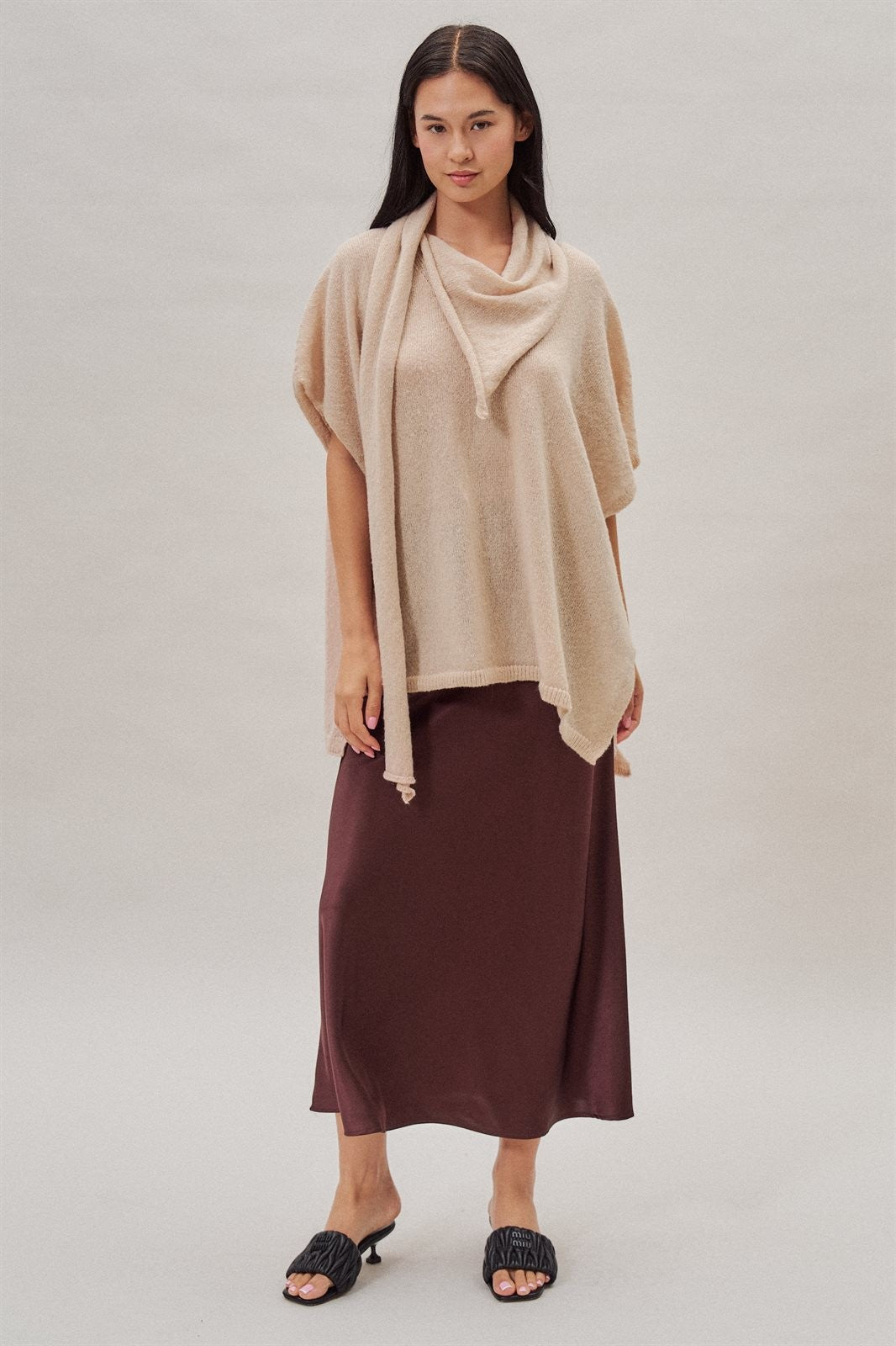 Oversized Knit Poncho Top with Attached Scarf in Ivory - Women's Sweaters | Urban Daizy