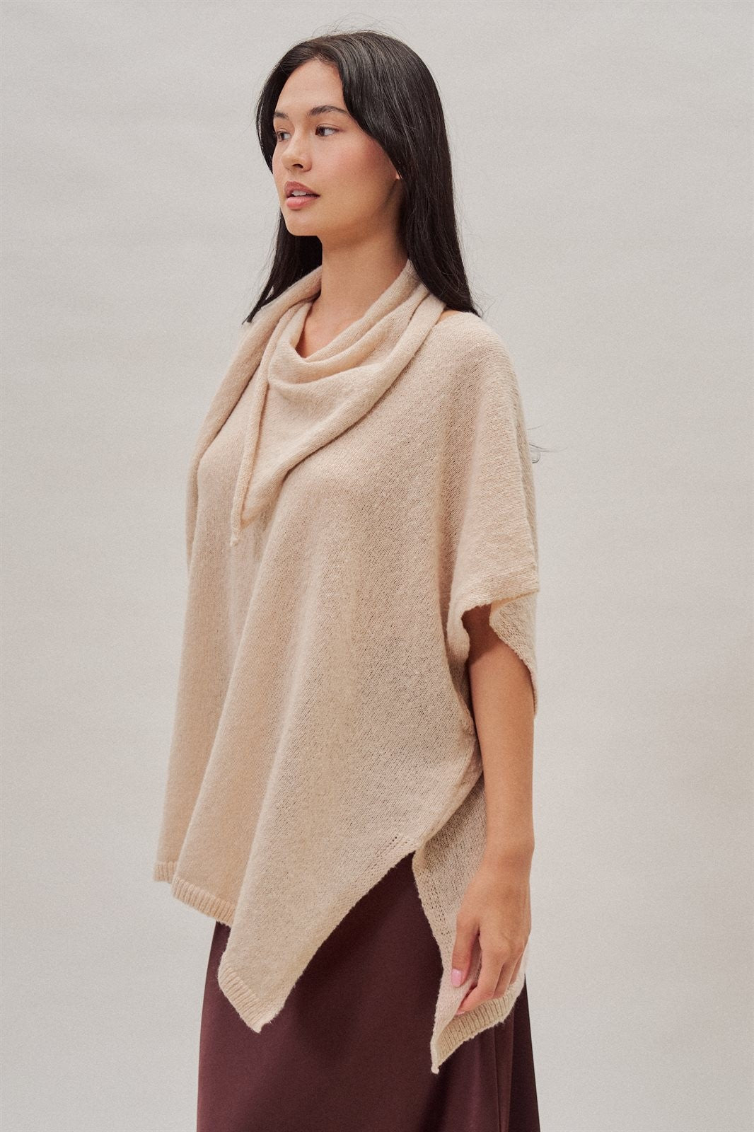 Oversized Knit Poncho Top with Attached Scarf in Ivory - Women's Sweaters | Urban Daizy