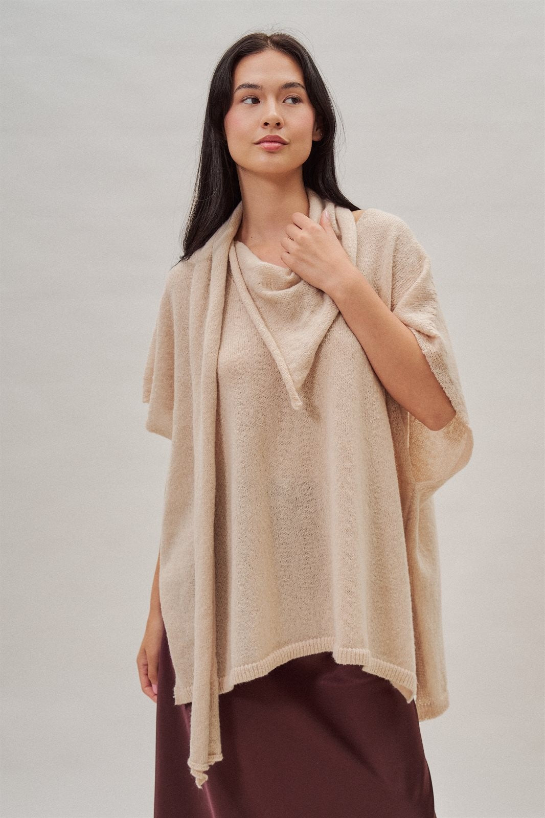 Oversized Knit Poncho Top with Attached Scarf in Ivory - Women's Sweaters | Urban Daizy