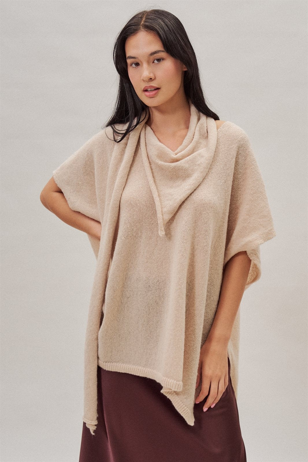 Oversized Knit Poncho Top with Attached Scarf in Ivory - Women's Sweaters | Urban Daizy
