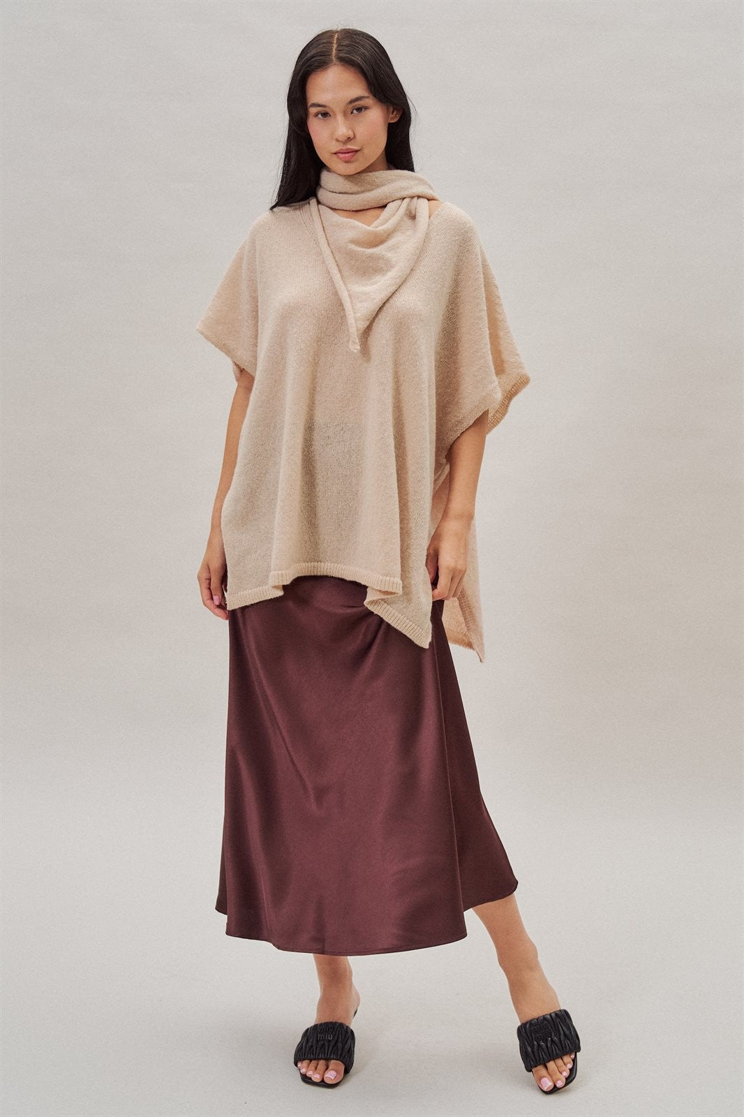 Oversized Knit Poncho Top with Attached Scarf in Ivory - Women's Sweaters | Urban Daizy