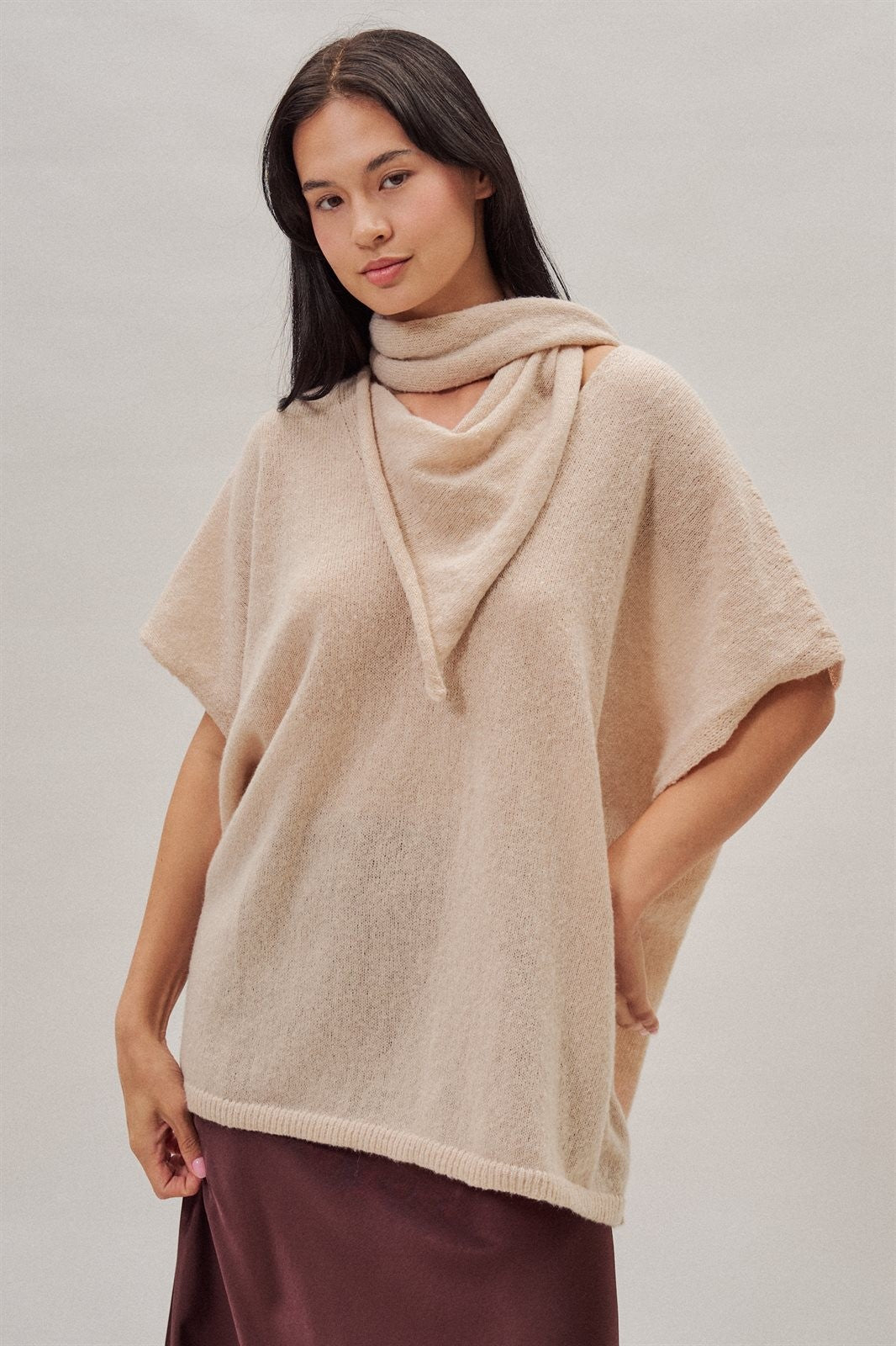 Oversized Knit Poncho Top with Attached Scarf in Ivory - Women's Sweaters | Urban Daizy