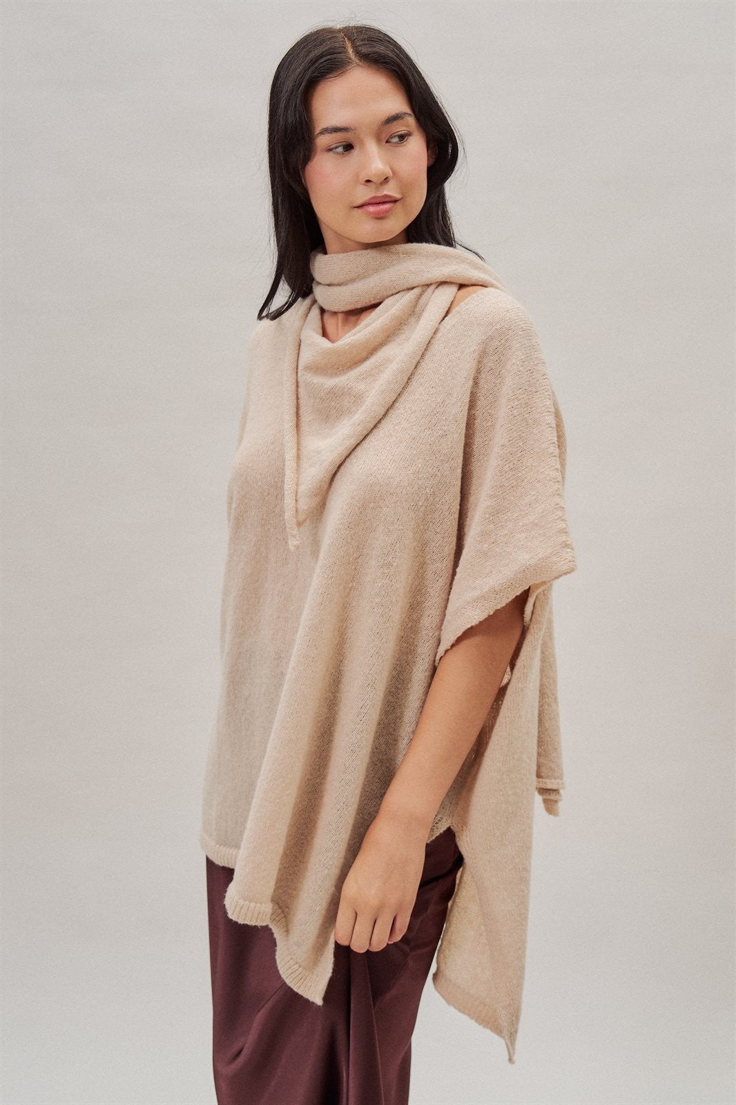 Oversized Knit Poncho Top with Attached Scarf in Ivory - Women's Sweaters | Urban Daizy
