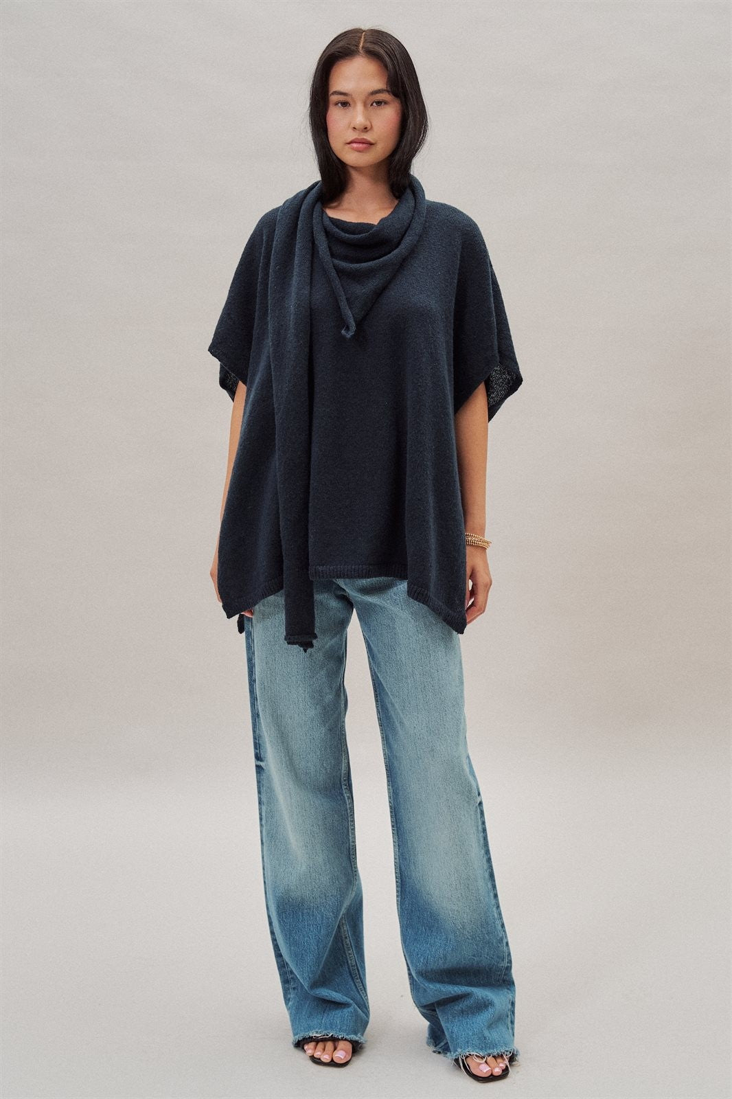 Oversized Knit Poncho Top with Attached Scarf in Navy - Women's Sweaters | Urban Daizy
