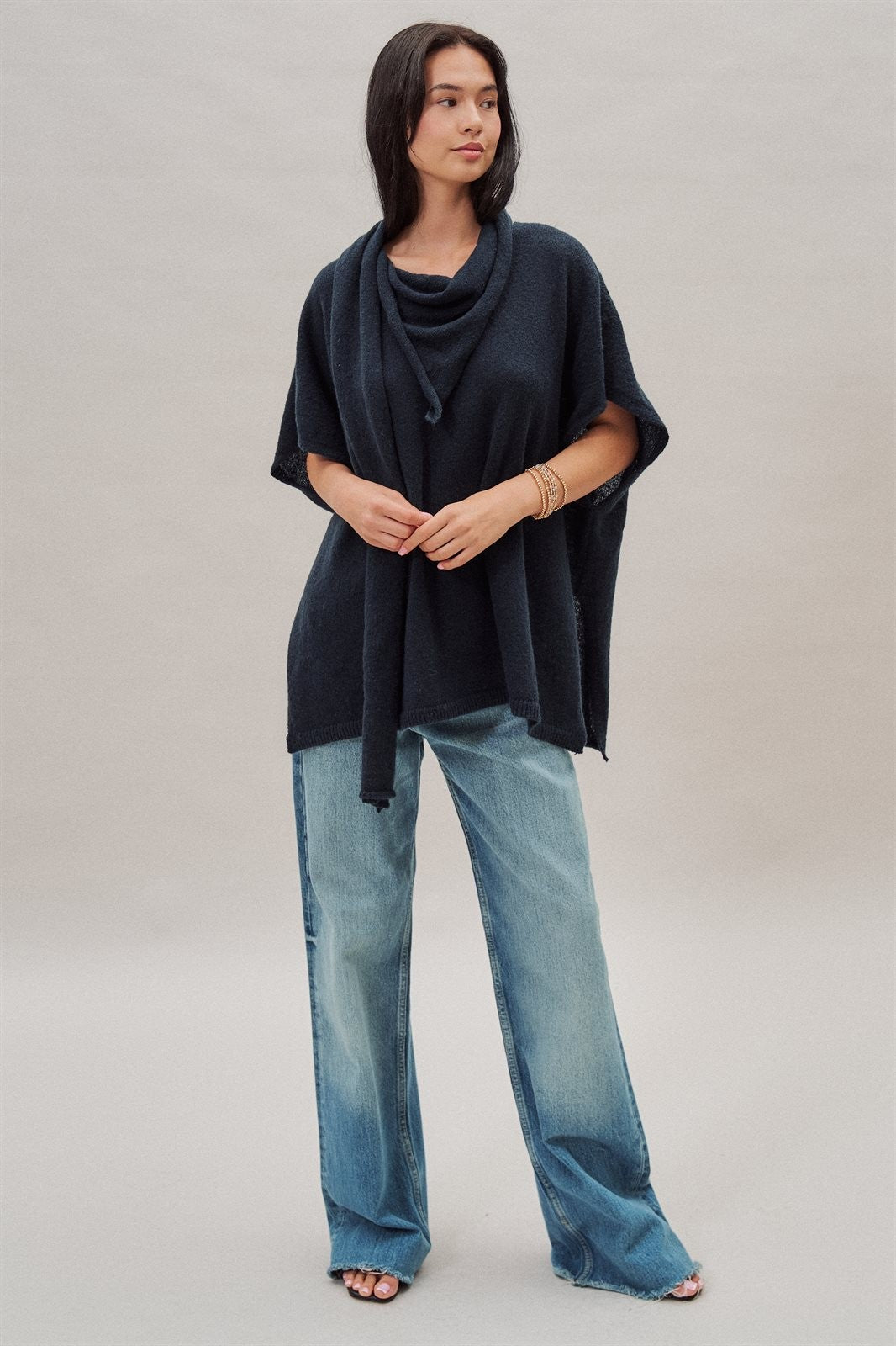 Oversized Knit Poncho Top with Attached Scarf in Navy - Women's Sweaters | Urban Daizy