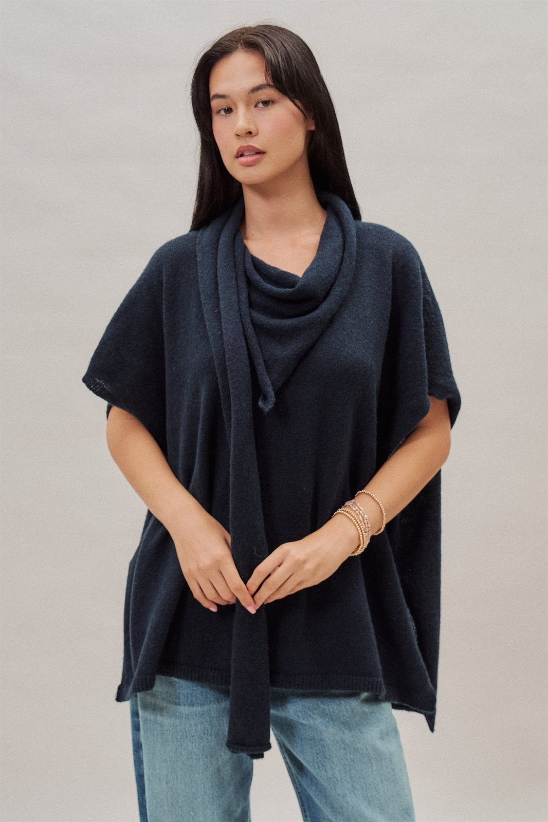 Oversized Knit Poncho Top with Attached Scarf in Navy - Women's Sweaters | Urban Daizy