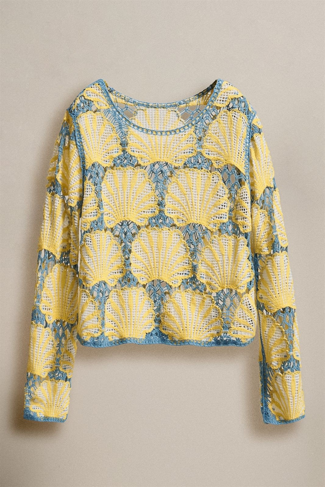 Crochet Lace Seashell Scalloped Knit Top in Yellow Blue - Women's Sweaters | Urban Daizy