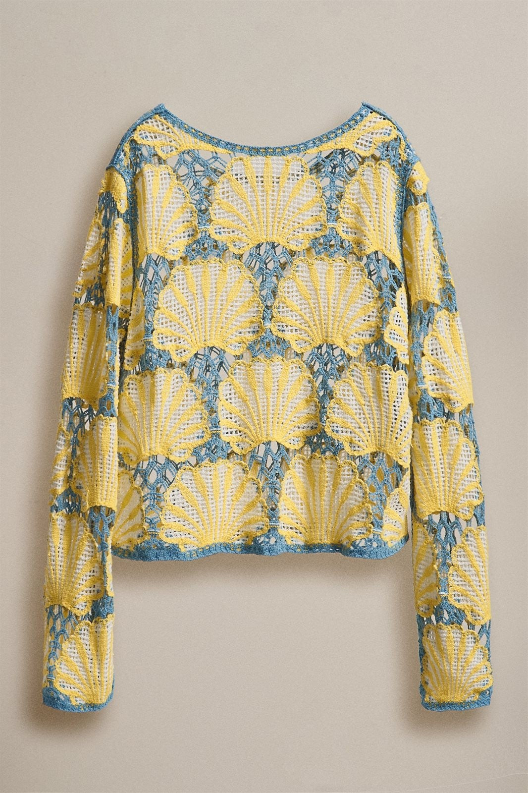 Crochet Lace Seashell Scalloped Knit Top in Yellow Blue - Women's Sweaters | Urban Daizy