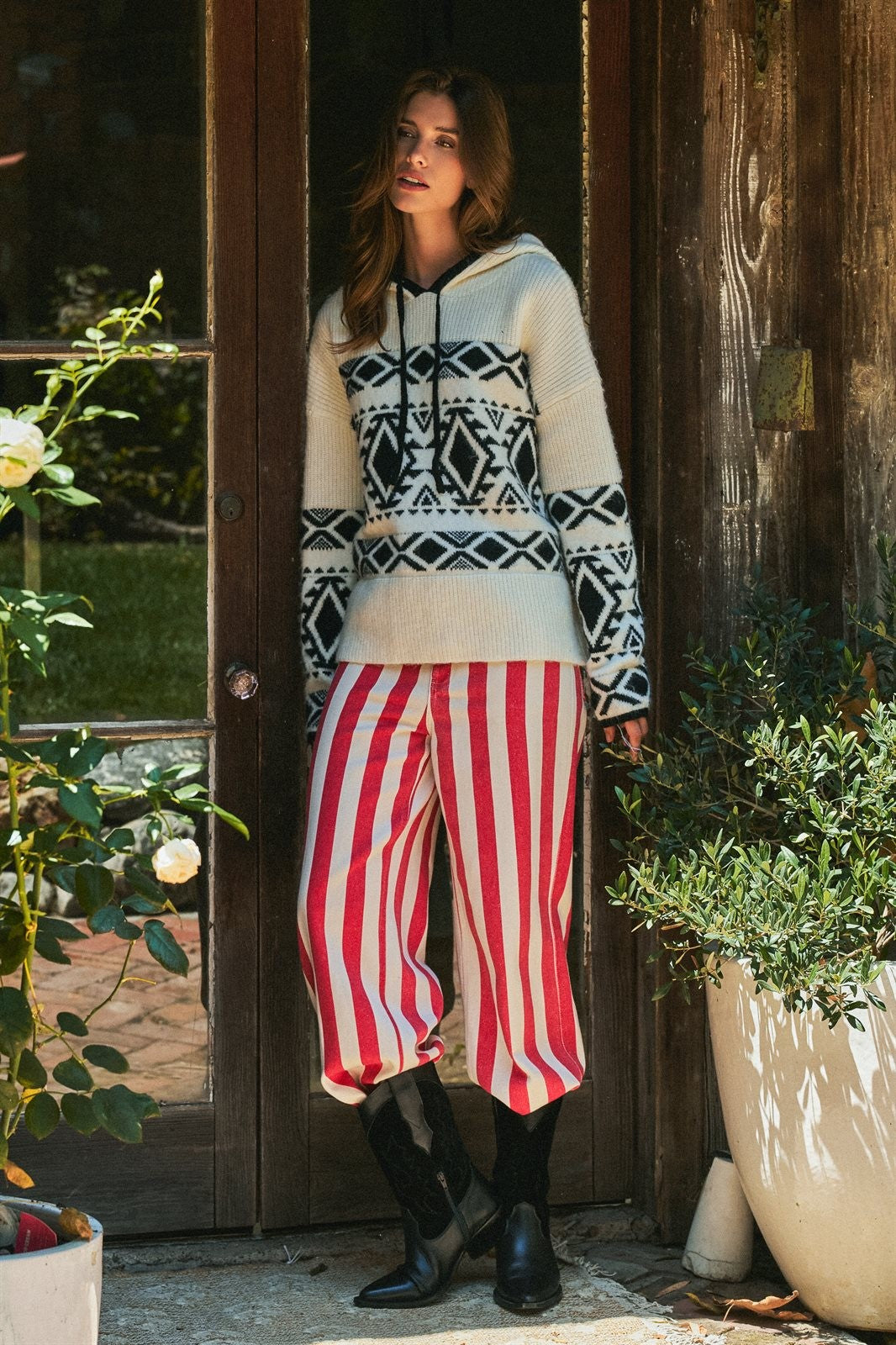 Nordic Fair Isle Hooded Knit Sweater in Ivory Black - Women's Sweaters | Urban Daizy