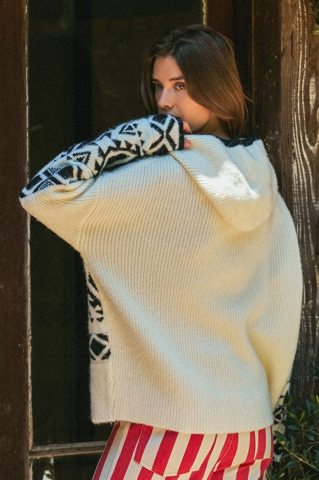 Nordic Fair Isle Hooded Knit Sweater in Ivory Black - Women's Sweaters | Urban Daizy