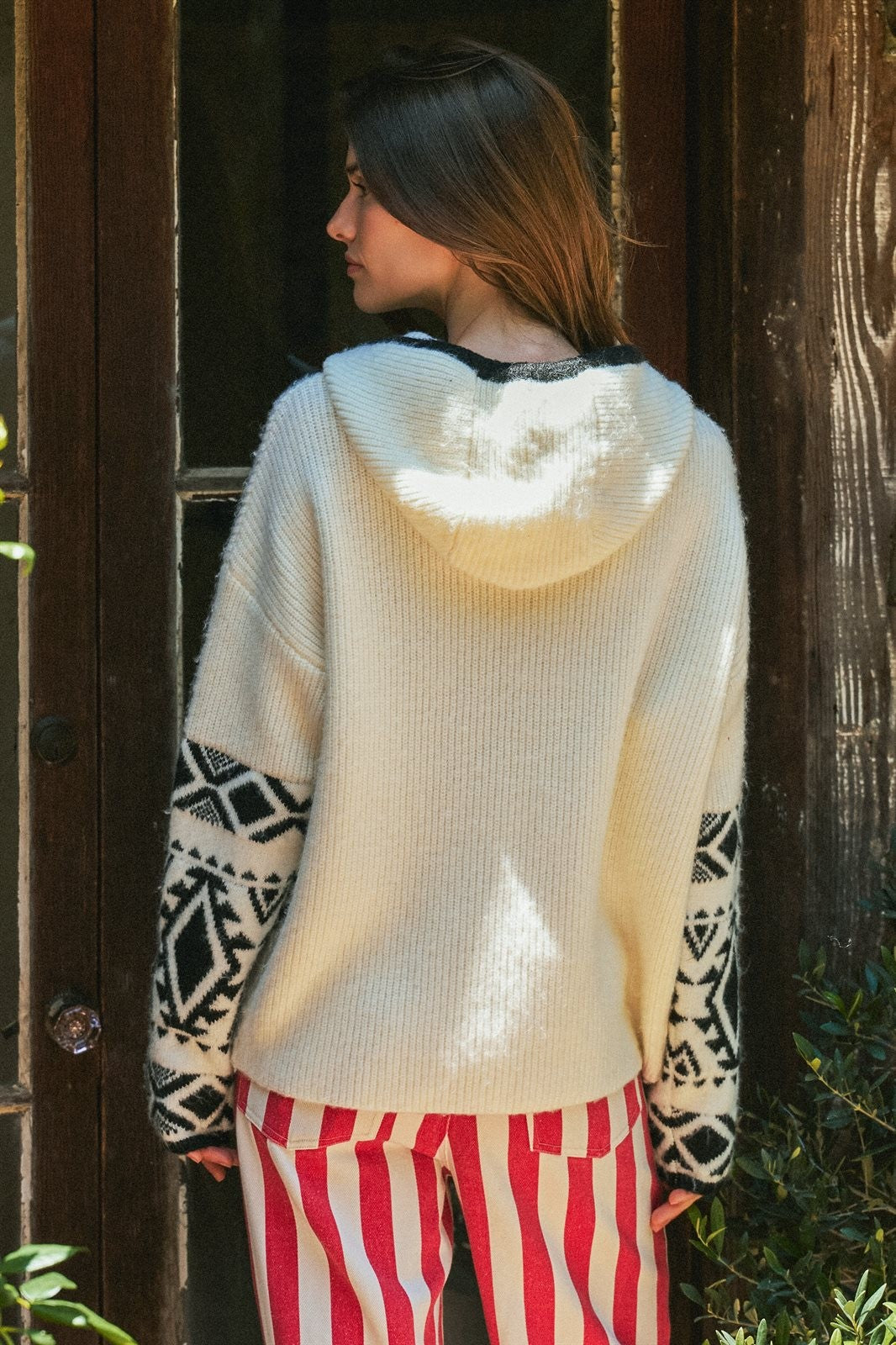 Nordic Fair Isle Hooded Knit Sweater in Ivory Black - Women's Sweaters | Urban Daizy