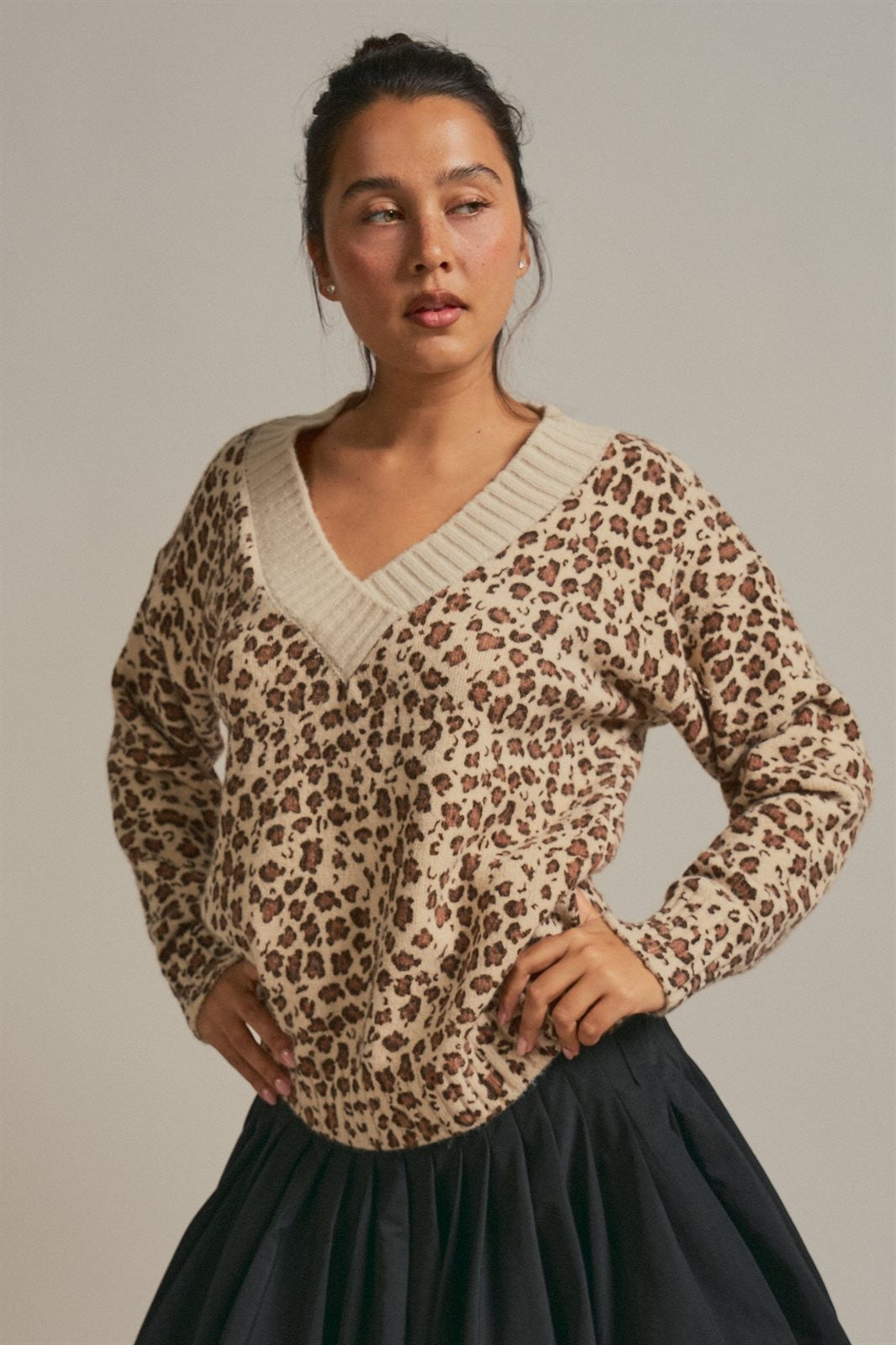 Leopard Print V-Neck Knit Sweater in Leopard - Women's Sweaters | Urban Daizy