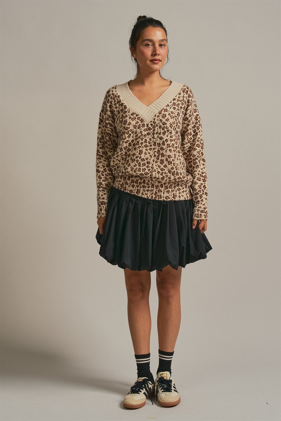 Leopard Print V-Neck Knit Sweater in Leopard - Women's Sweaters | Urban Daizy