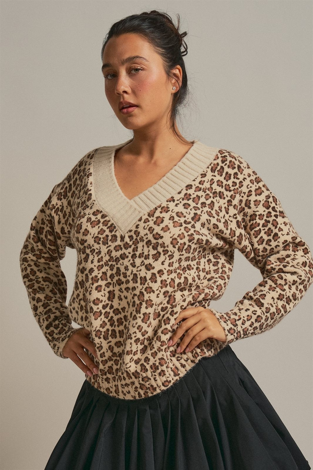 Leopard Print V-Neck Knit Sweater in Leopard - Women's Sweaters | Urban Daizy