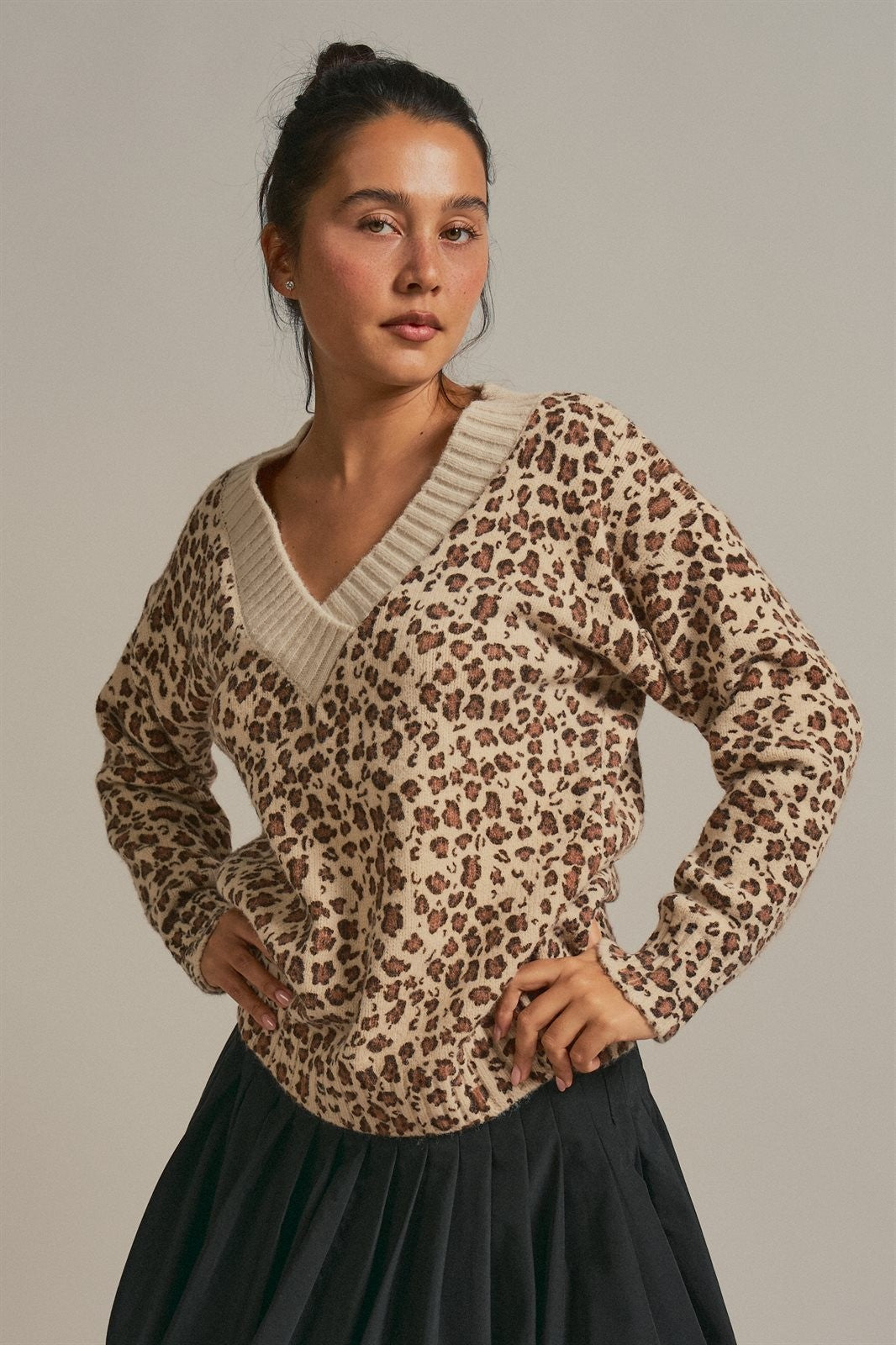 Leopard Print V-Neck Knit Sweater in Leopard - Women's Sweaters | Urban Daizy