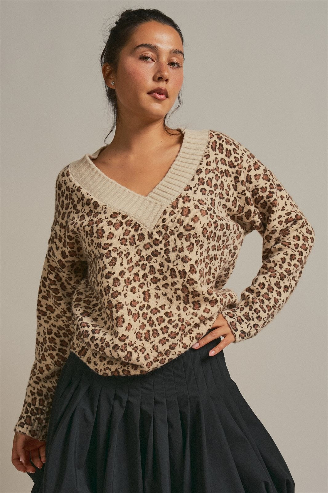 Leopard Print V-Neck Knit Sweater in Leopard - Women's Sweaters | Urban Daizy