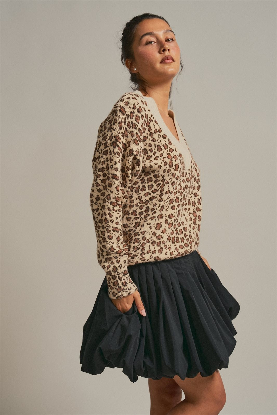 Leopard Print V-Neck Knit Sweater in Leopard - Women's Sweaters | Urban Daizy