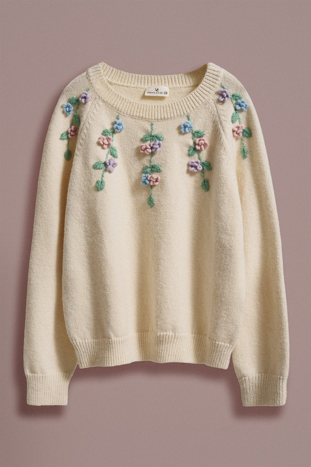 Hand Embroidered 3D Floral Knit Sweater in Cream - Women's Sweaters | Urban Daizy