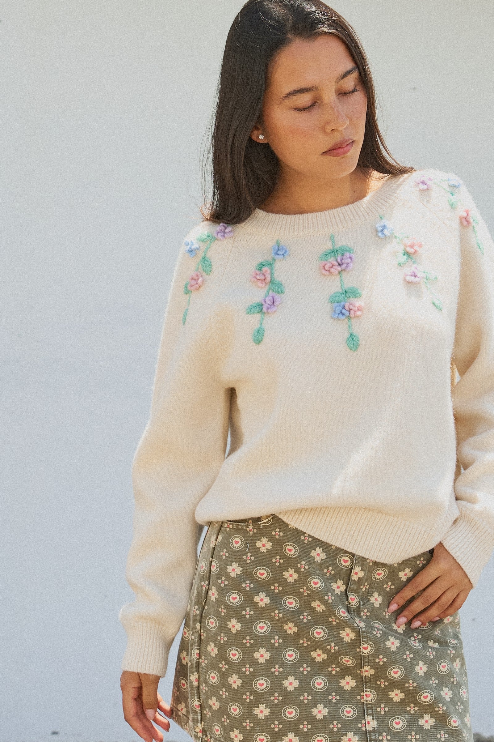 Hand Embroidered 3D Floral Knit Sweater in Cream - Women's Sweaters | Urban Daizy