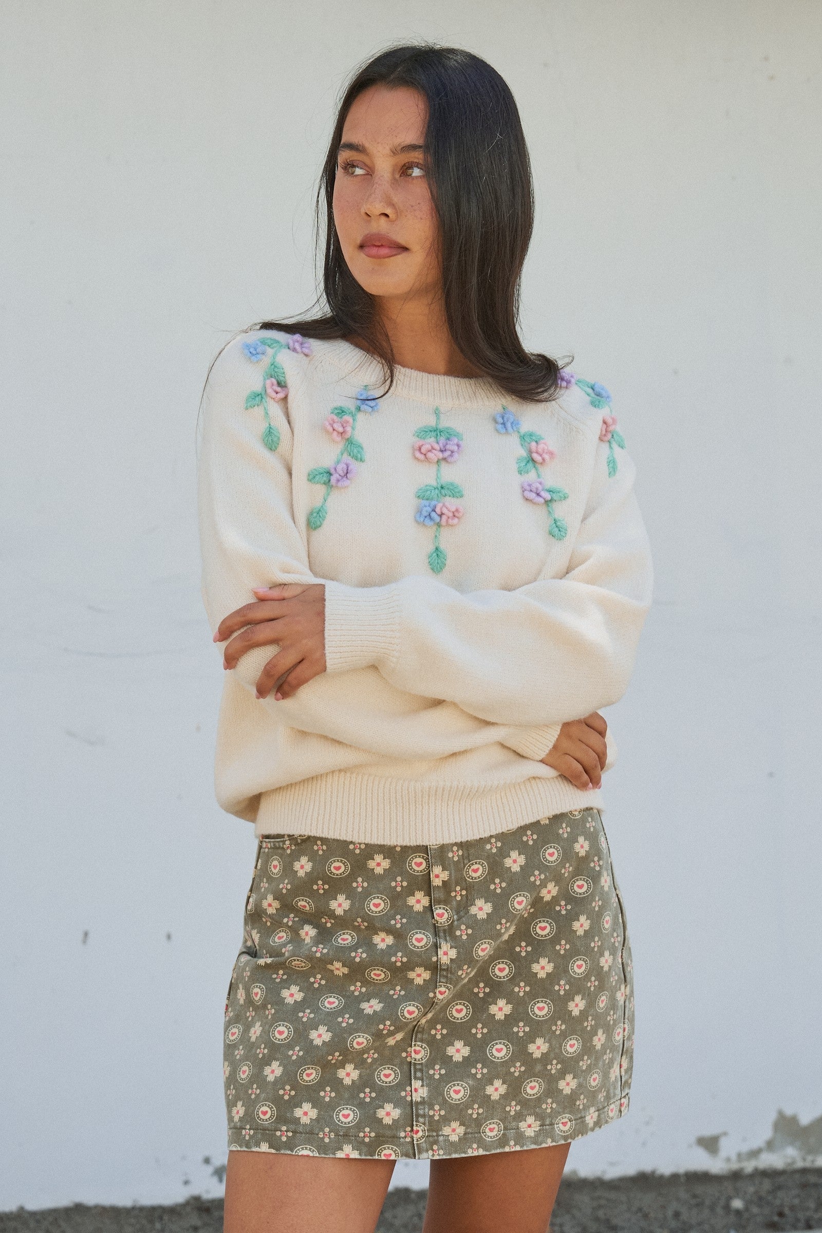 Hand Embroidered 3D Floral Knit Sweater in Cream - Women's Sweaters | Urban Daizy