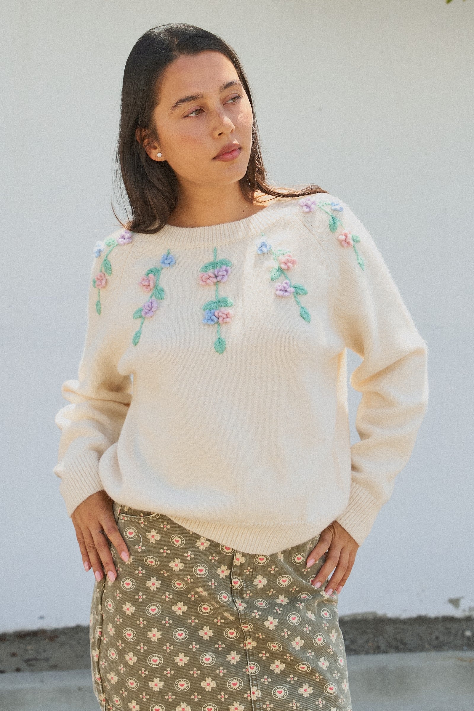 Hand Embroidered 3D Floral Knit Sweater in Cream - Women's Sweaters | Urban Daizy