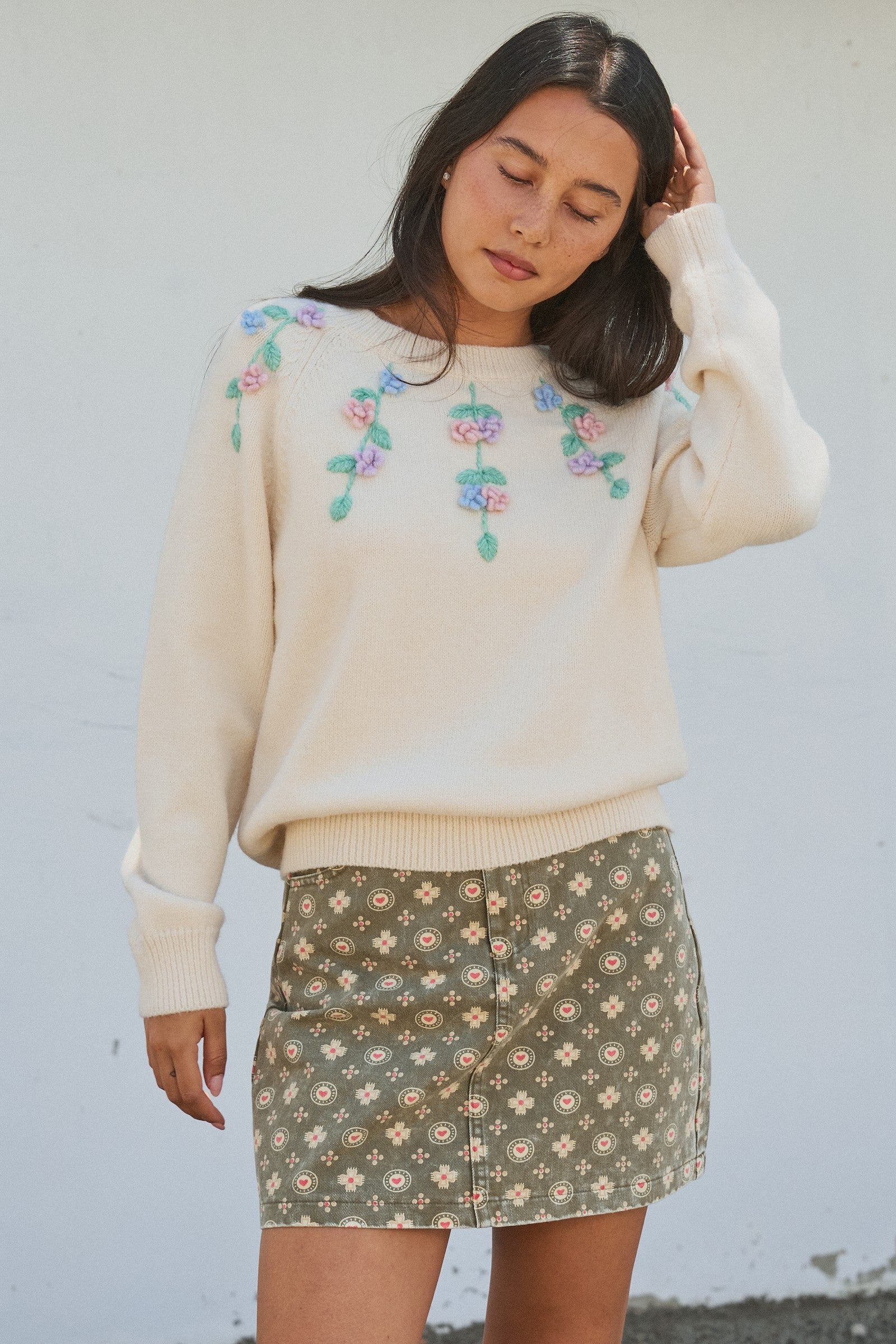Hand Embroidered 3D Floral Knit Sweater in Cream - Women's Sweaters | Urban Daizy