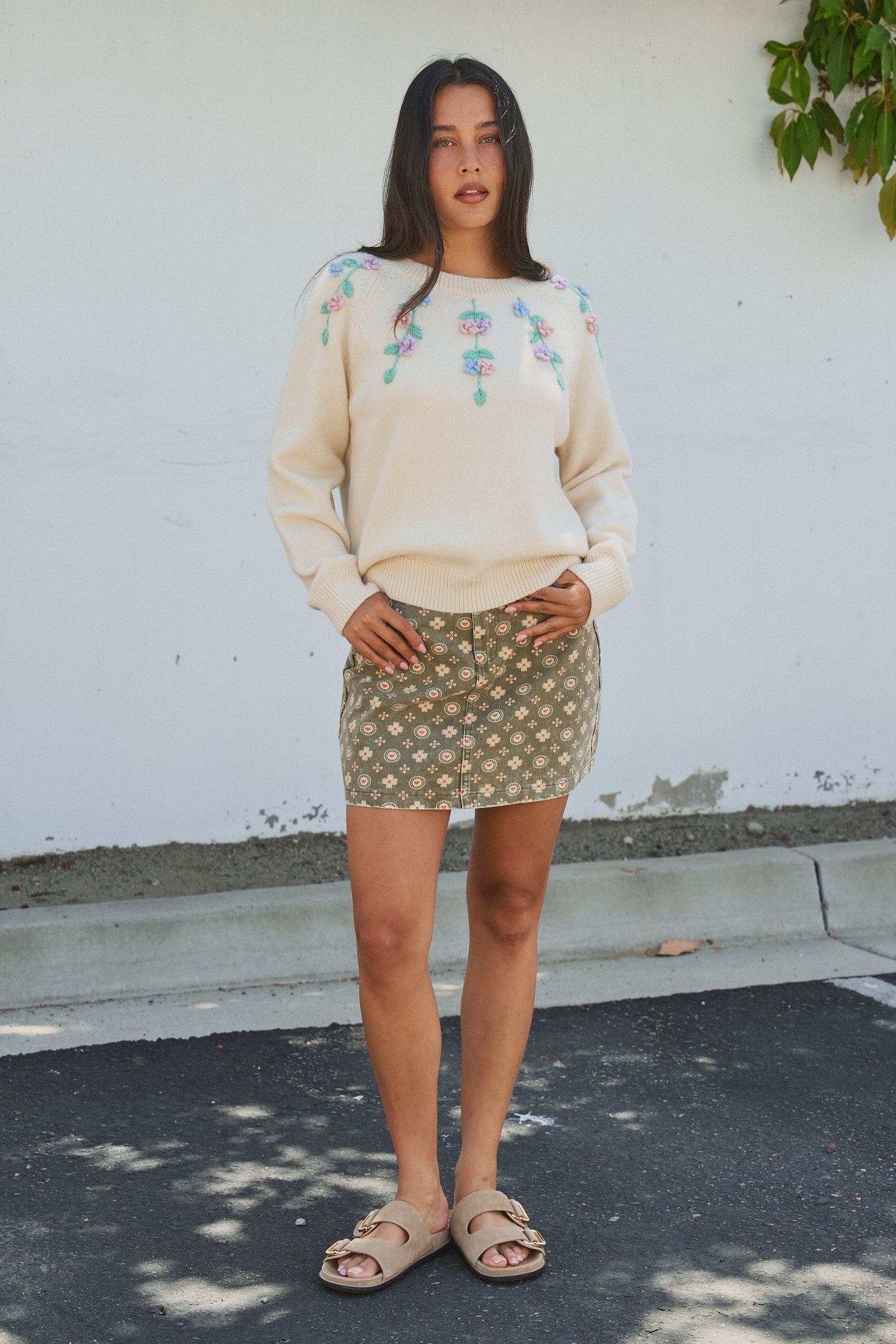 Hand Embroidered 3D Floral Knit Sweater in Cream - Women's Sweaters | Urban Daizy