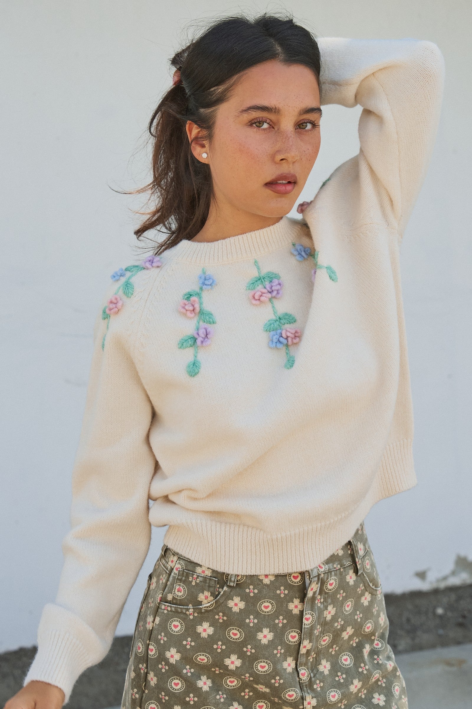 Hand Embroidered 3D Floral Knit Sweater in Cream - Women's Sweaters | Urban Daizy