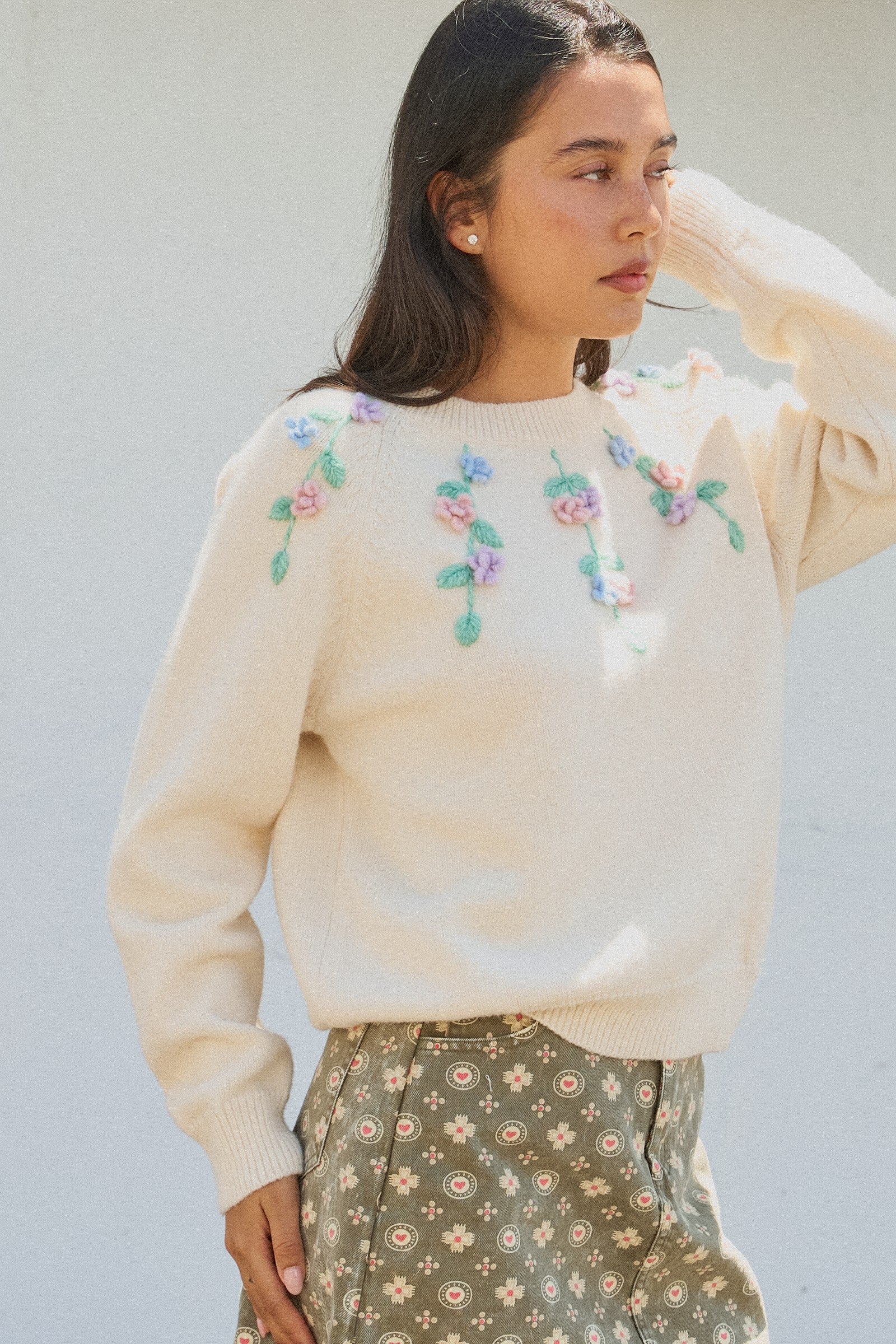 Hand Embroidered 3D Floral Knit Sweater in Cream - Women's Sweaters | Urban Daizy