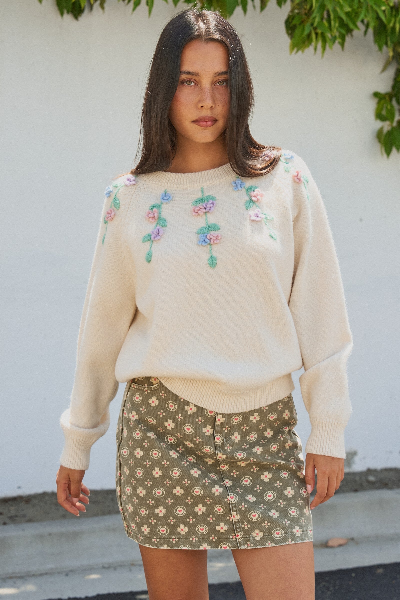 Hand Embroidered 3D Floral Knit Sweater in Cream - Women's Sweaters | Urban Daizy