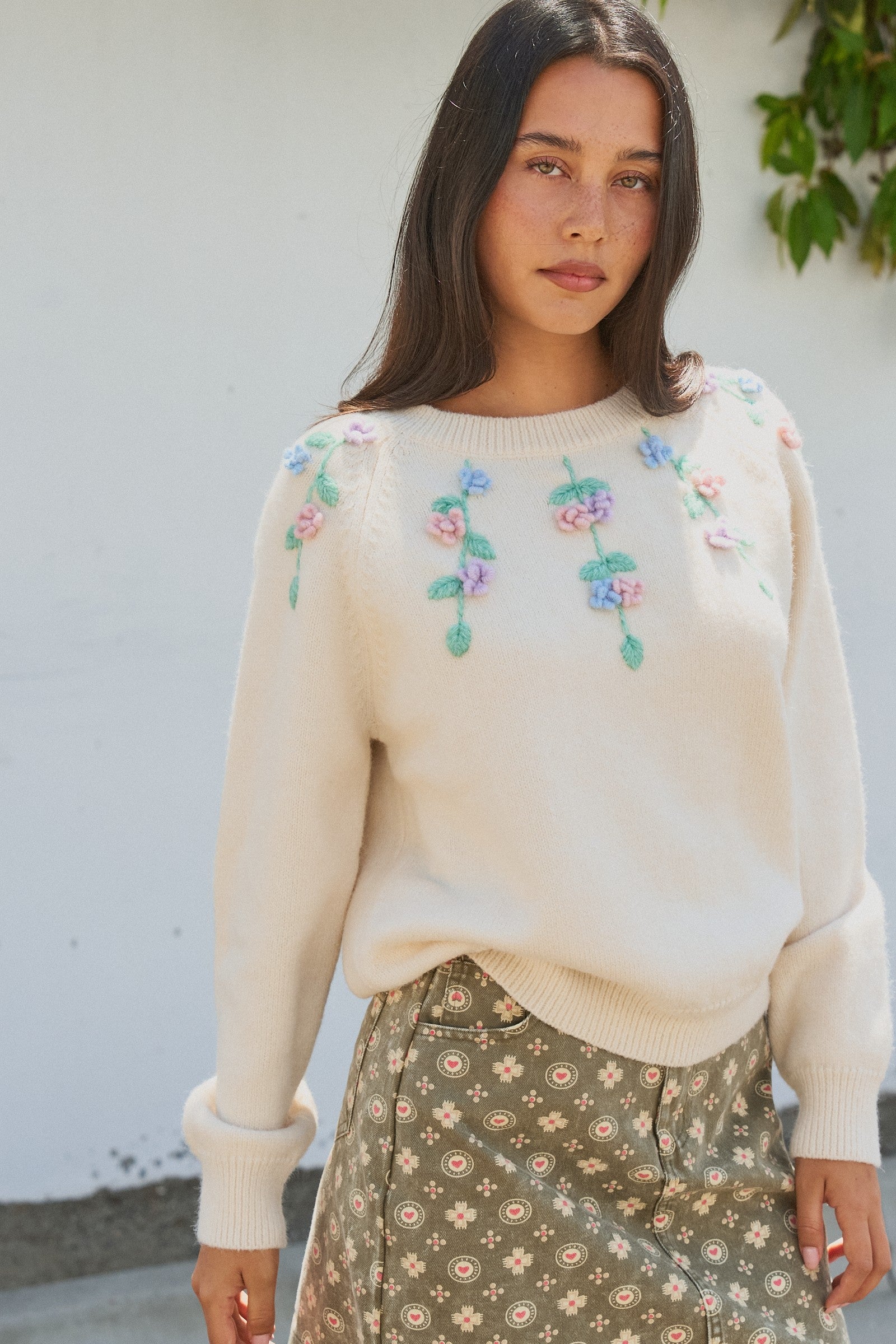 Hand Embroidered 3D Floral Knit Sweater in Cream - Women's Sweaters | Urban Daizy
