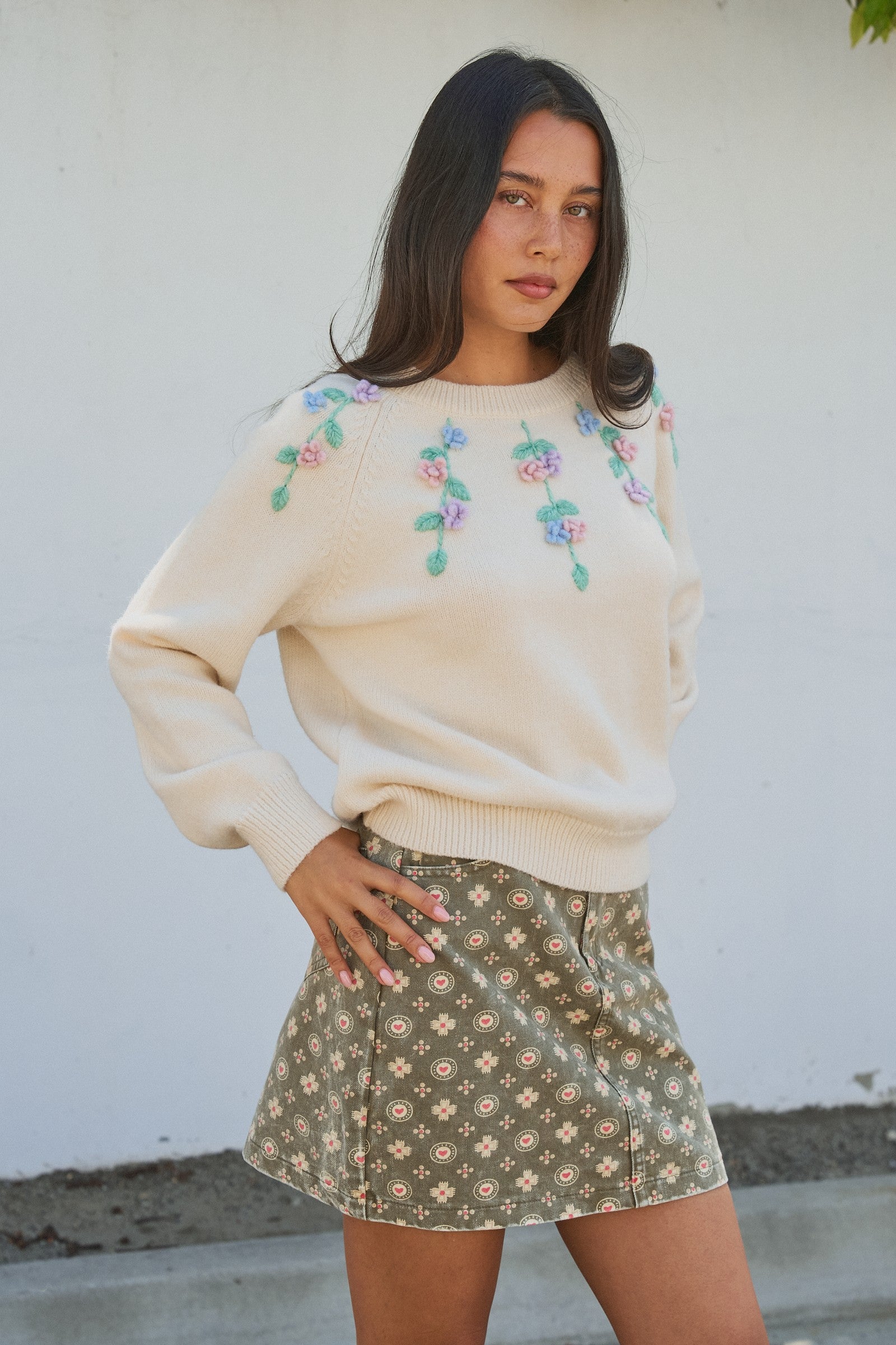 Hand Embroidered 3D Floral Knit Sweater in Cream - Women's Sweaters | Urban Daizy