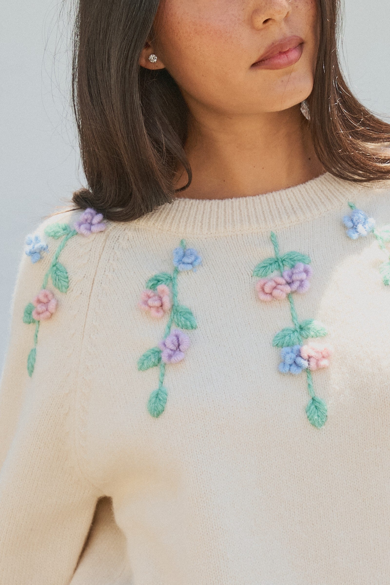 Hand Embroidered 3D Floral Knit Sweater in Cream - Women's Sweaters | Urban Daizy