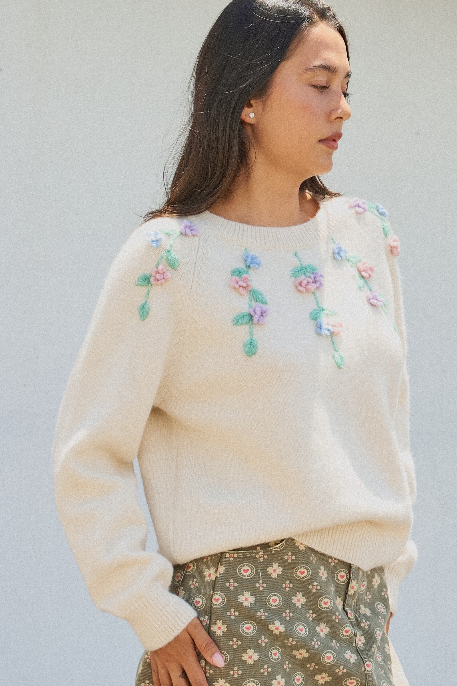 Hand Embroidered 3D Floral Knit Sweater in Cream - Women's Sweaters | Urban Daizy