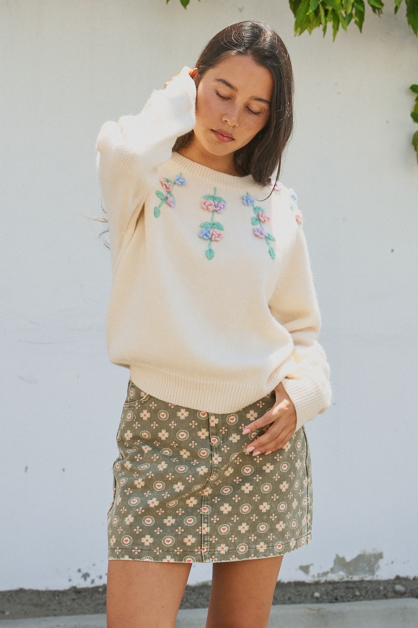 Hand Embroidered 3D Floral Knit Sweater in Cream - Women's Sweaters | Urban Daizy