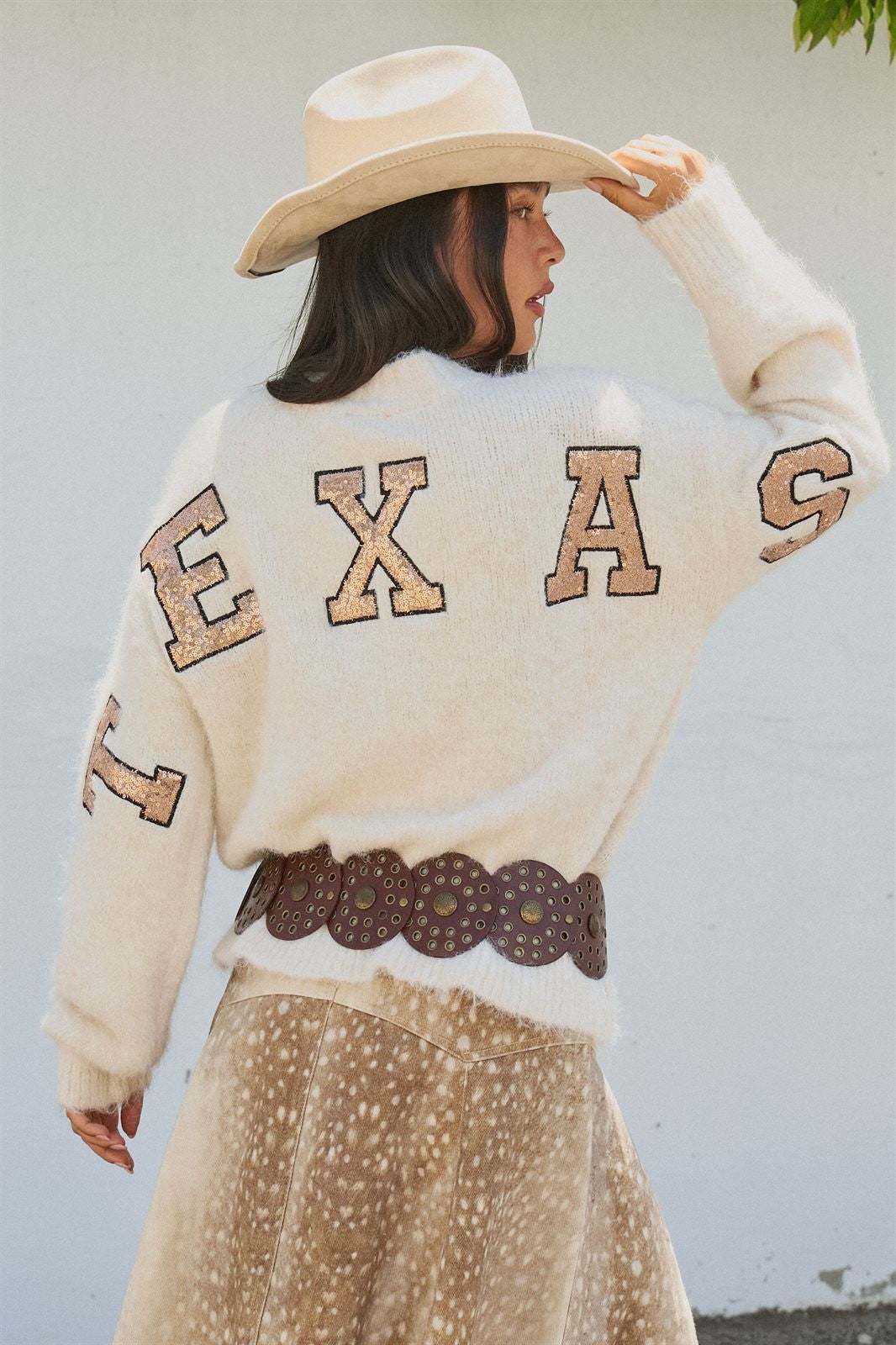 Texas Sequin Letter Fuzzy Knit Pullover Sweater in Ivory - Women's Sweaters | Urban Daizy