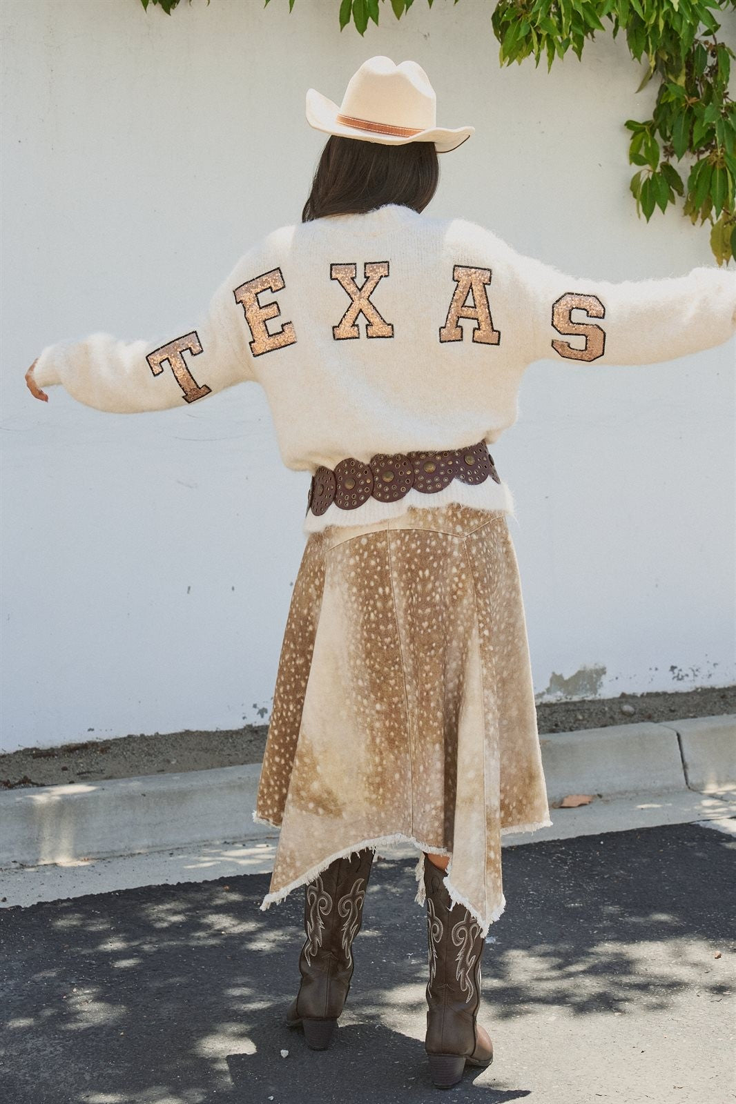 Texas Sequin Letter Fuzzy Knit Pullover Sweater in Ivory - Women's Sweaters | Urban Daizy