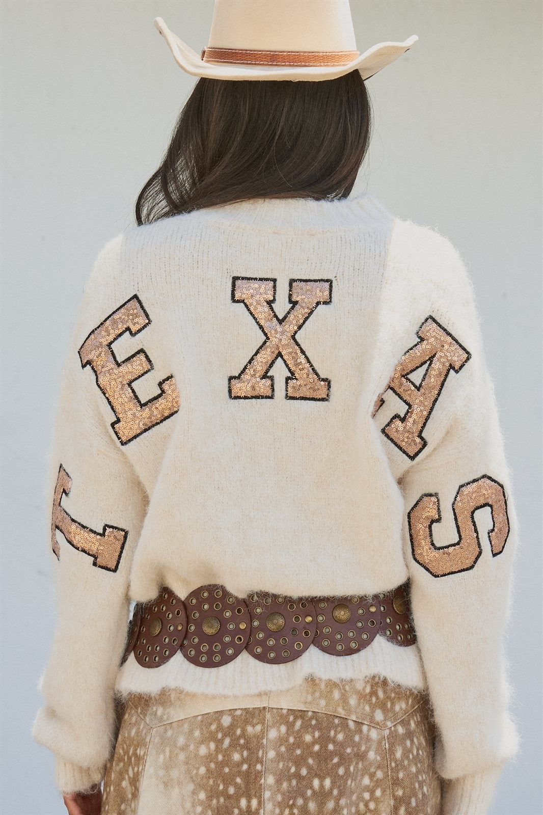 Texas Sequin Letter Fuzzy Knit Pullover Sweater in Ivory - Women's Sweaters | Urban Daizy