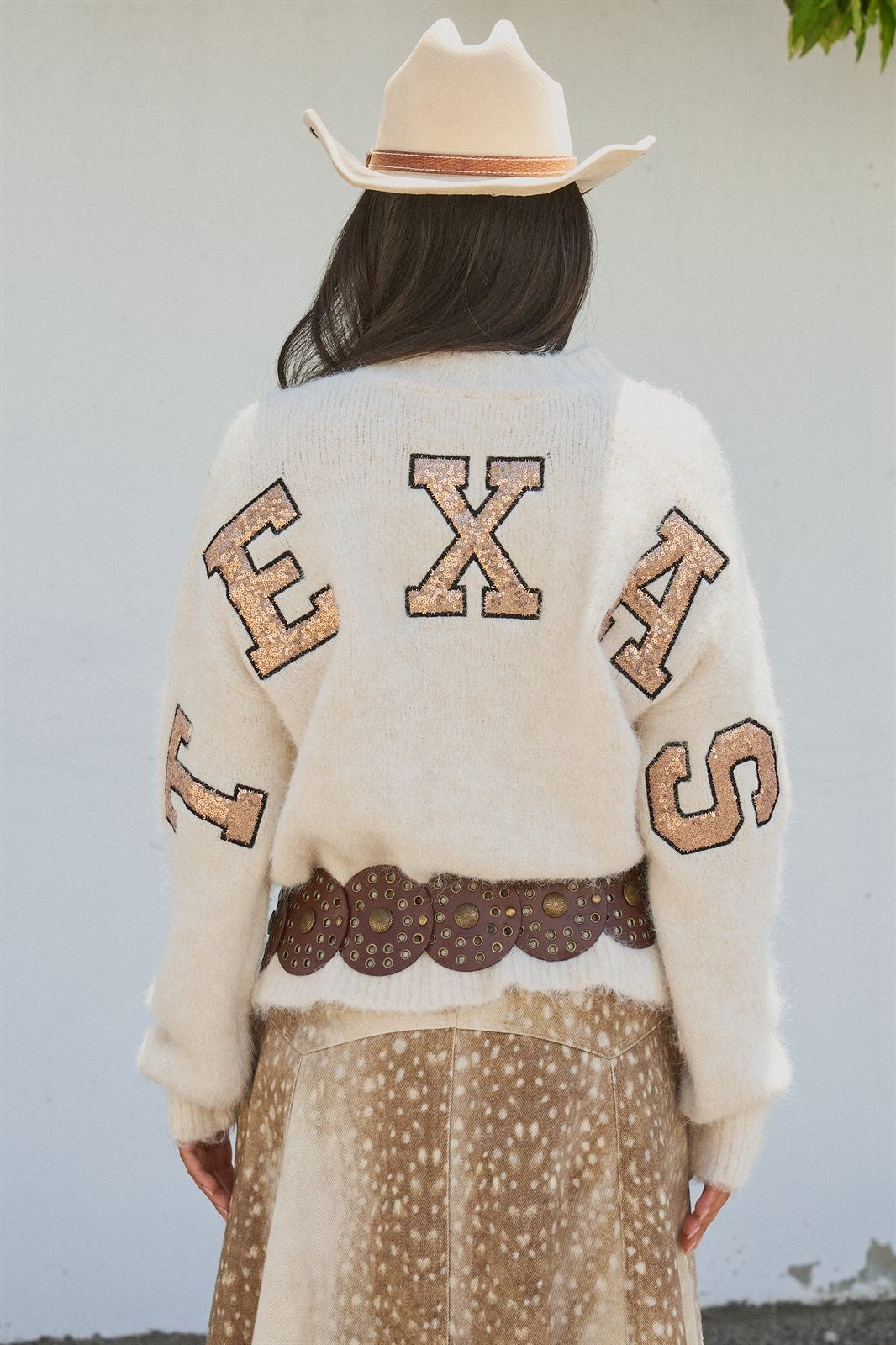 Texas Sequin Letter Fuzzy Knit Pullover Sweater in Ivory - Women's Sweaters | Urban Daizy