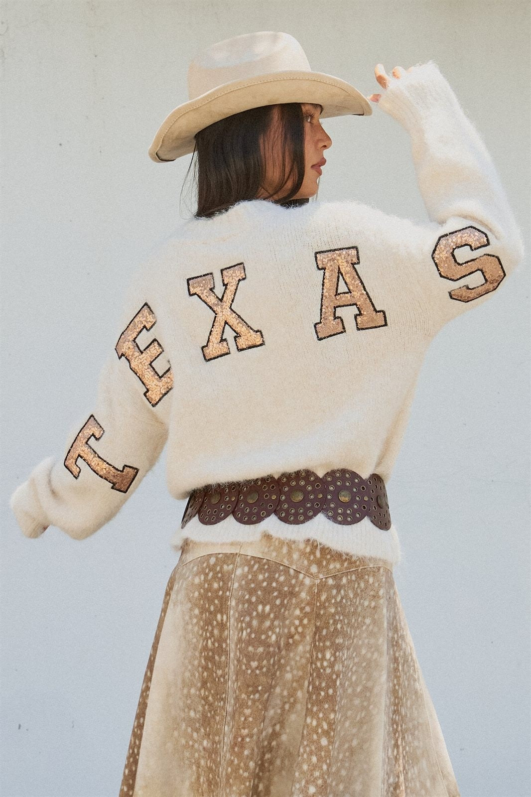 Texas Sequin Letter Fuzzy Knit Pullover Sweater in Ivory - Women's Sweaters | Urban Daizy
